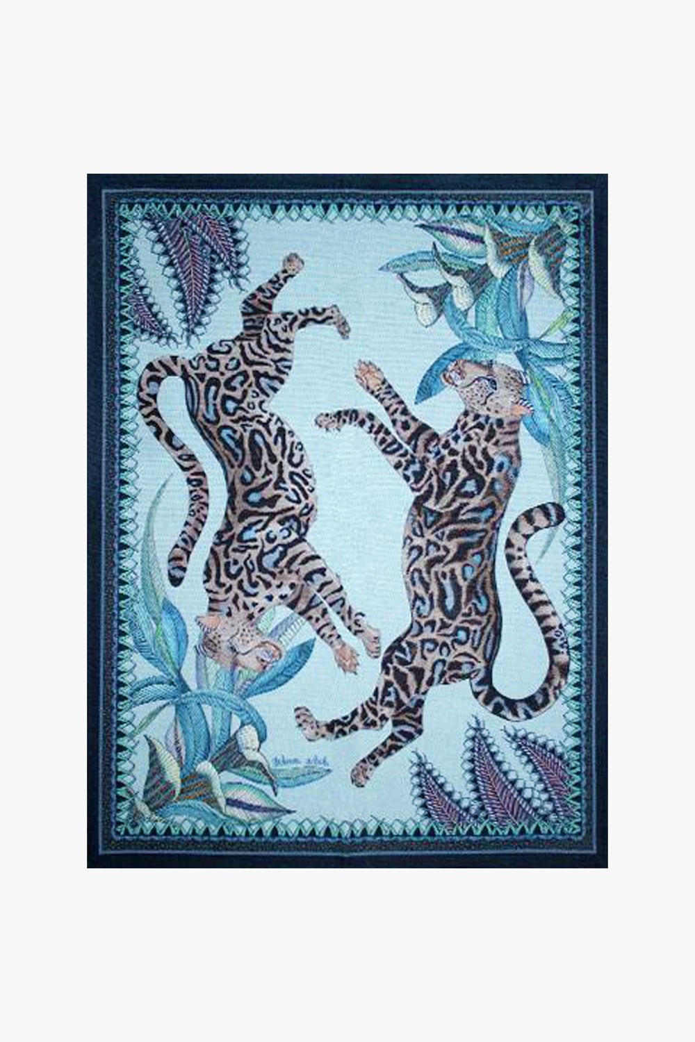 Vibrant illustration of two leopards with patterned fur, set amid blue and green tropical leaves and a decorative frame—inspired by South African artistry and the Ardmore Design Tanzanite Cheetah Kings Tea Towel.