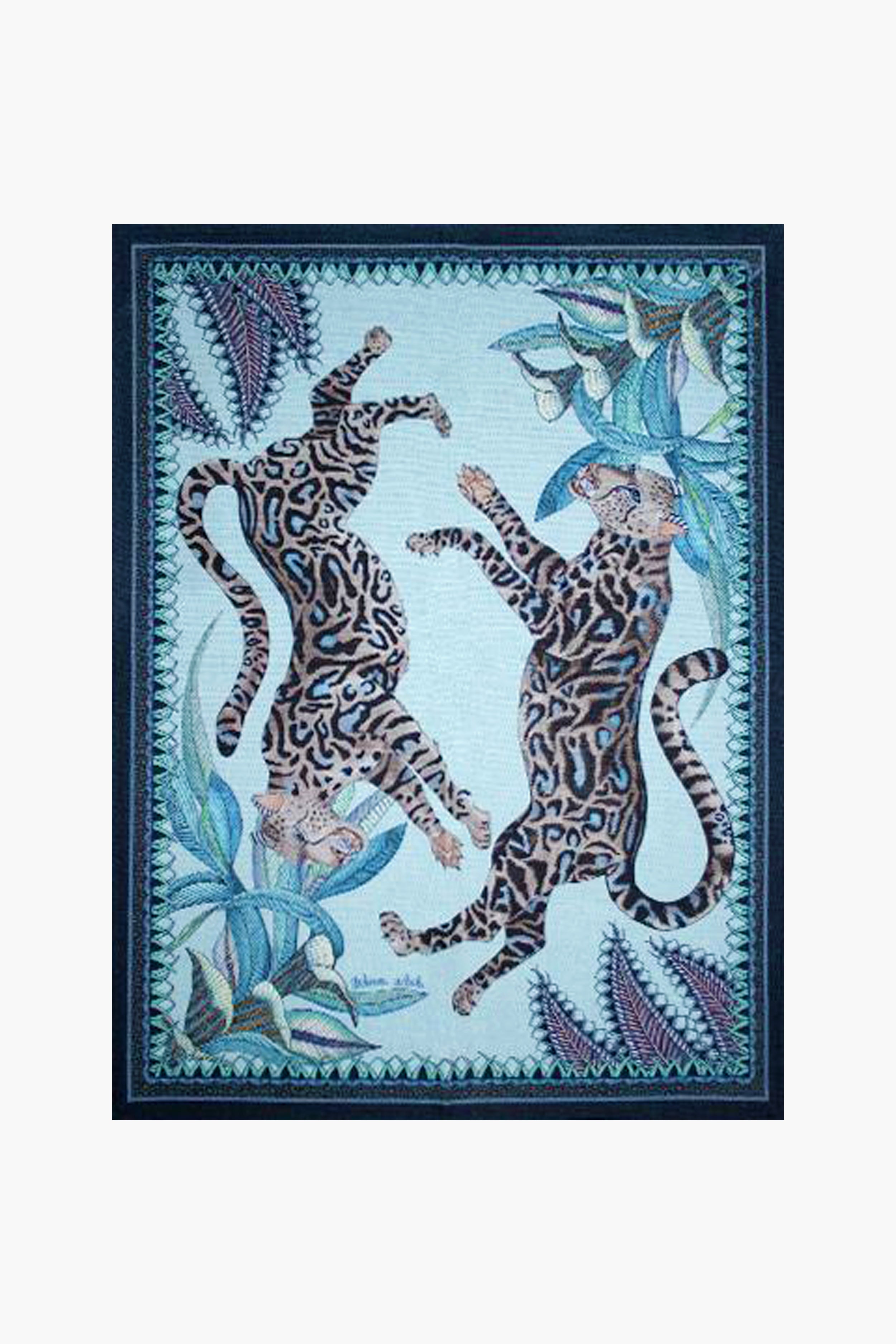 Vibrant illustration of two leopards with patterned fur, set amid blue and green tropical leaves and a decorative frame—inspired by South African artistry and the Ardmore Design Tanzanite Cheetah Kings Tea Towel.