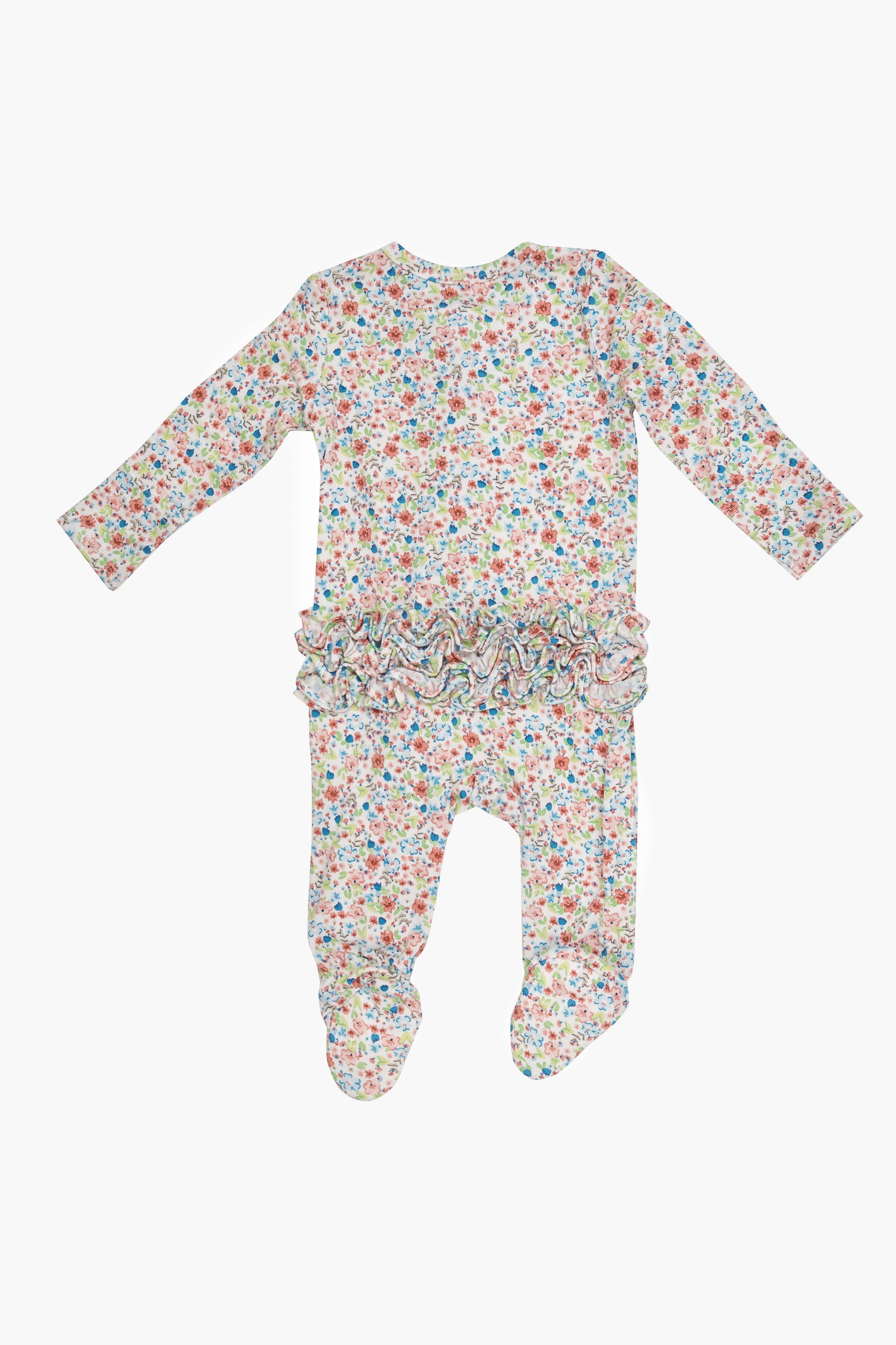 Dainty Floral Ruffle Front Zipper Footie 6-9M