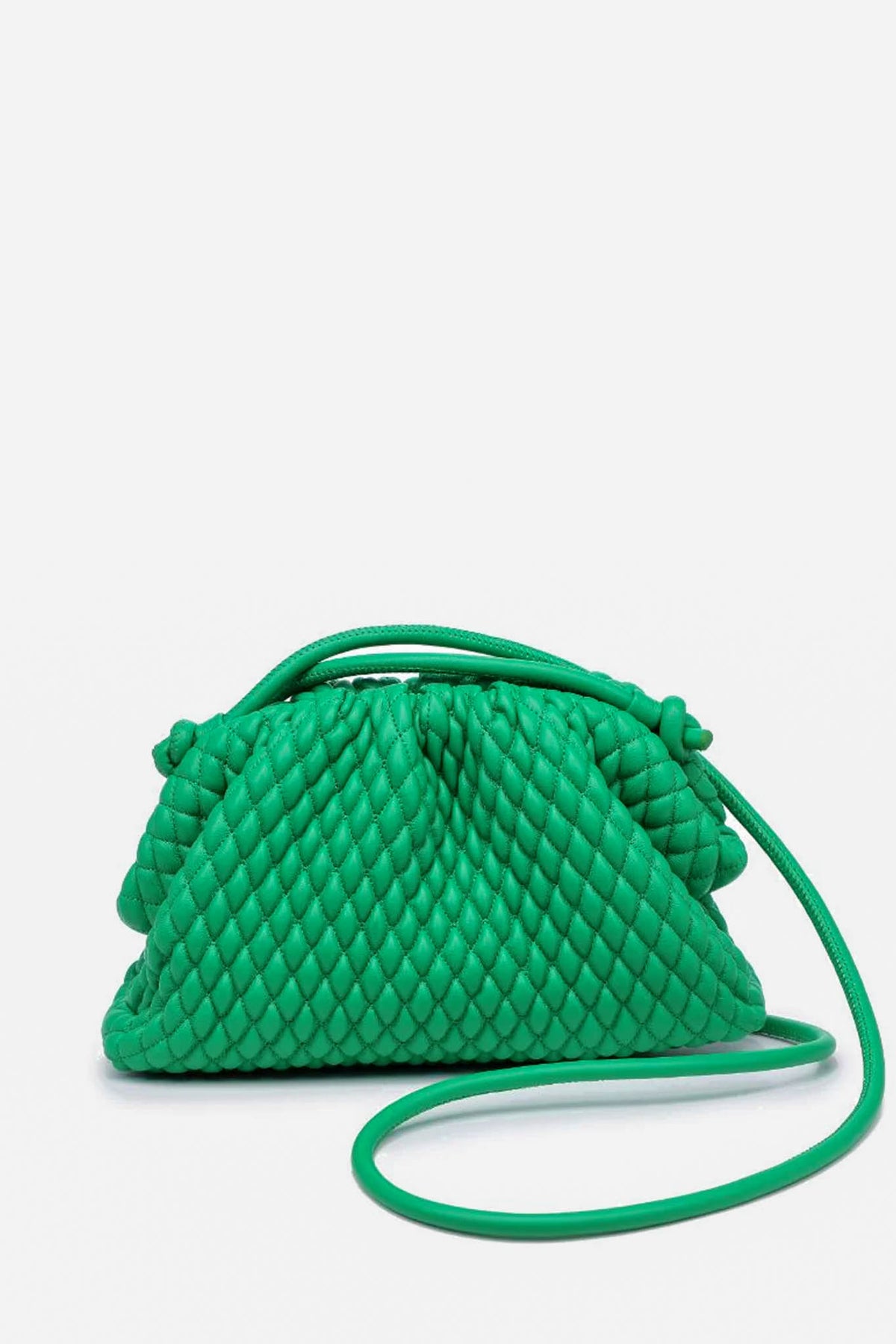 The Urban Expressions small green woven vegan leather crossbody bag features a gathered top and a thin shoulder strap.