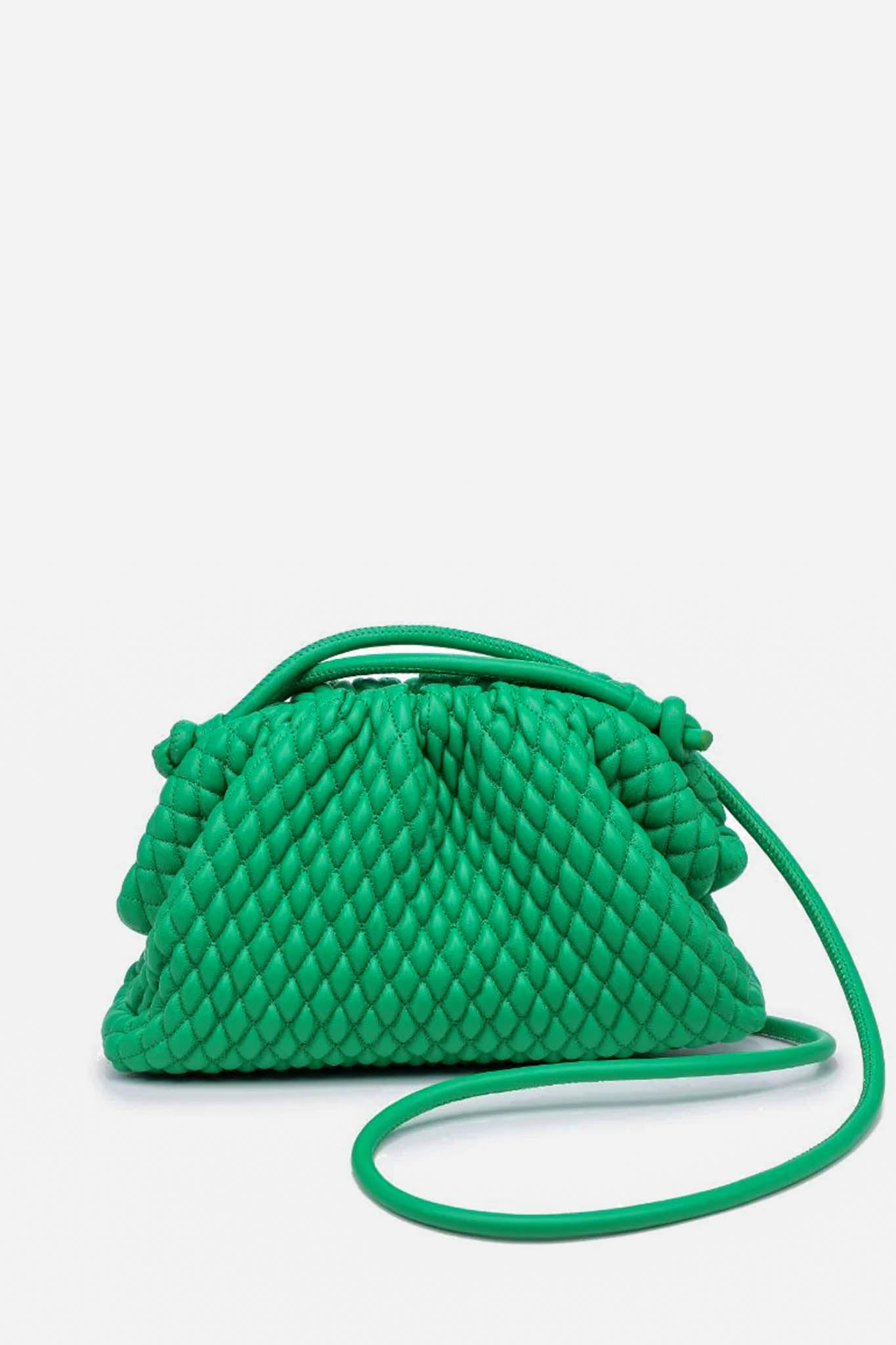 The Urban Expressions small green woven vegan leather crossbody bag features a gathered top and a thin shoulder strap.