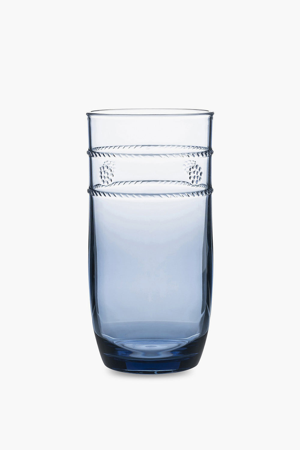 A clear blue Juliska acrylic tumbler with a smooth surface and two textured bands near the top; BPA free and dishwasher safe.
