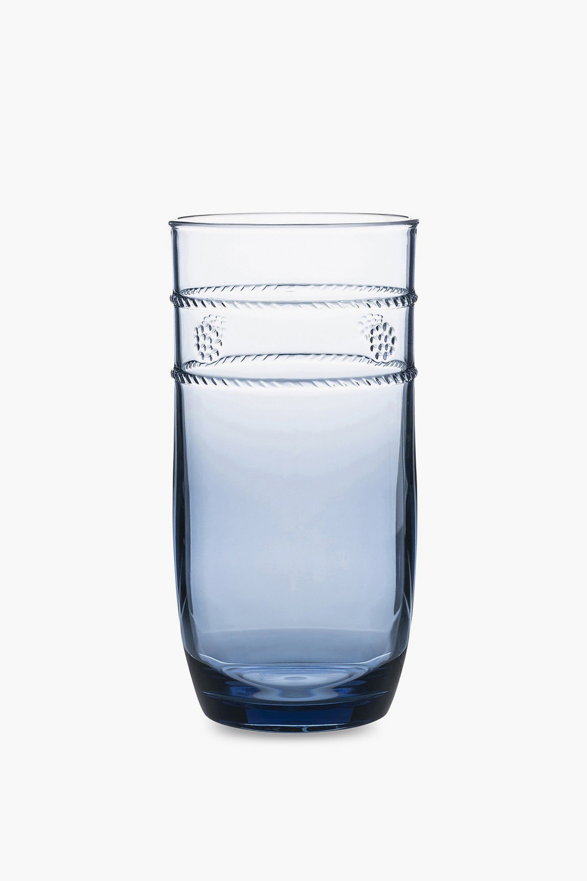 A clear blue Juliska acrylic tumbler with a smooth surface and two textured bands near the top; BPA free and dishwasher safe.