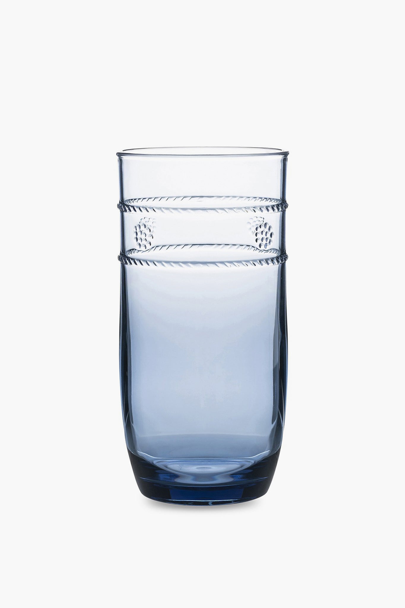 A clear blue Juliska acrylic tumbler with a smooth surface and two textured bands near the top; BPA free and dishwasher safe.