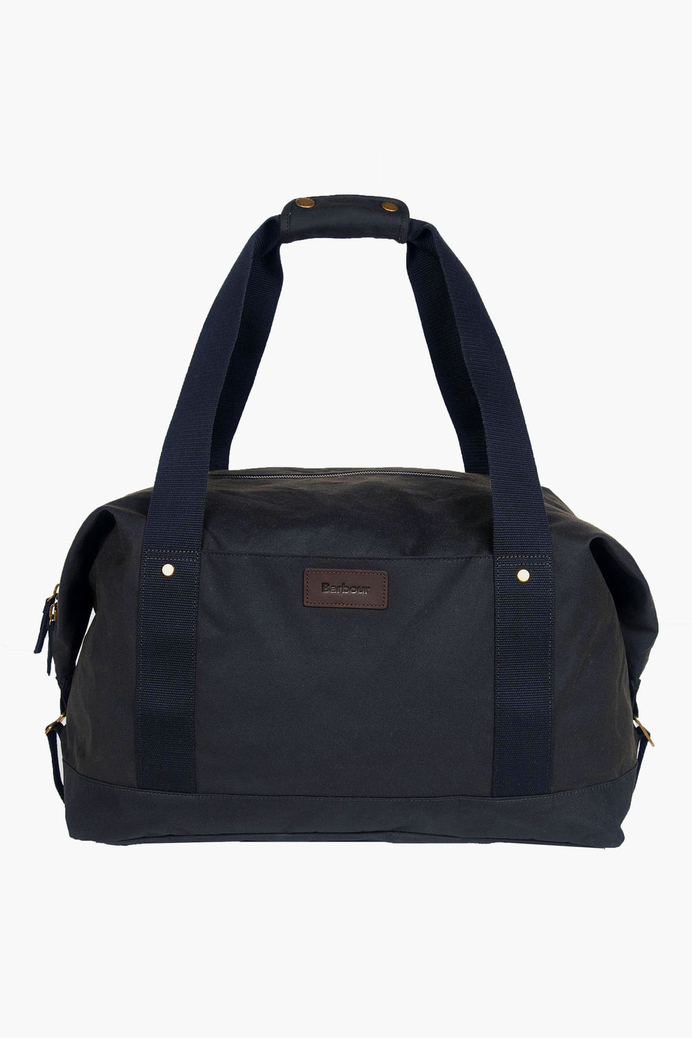The Barbour black waxed cotton holdall features two sturdy handles and a small front logo patch, making it ideal as an overnight carry bag.