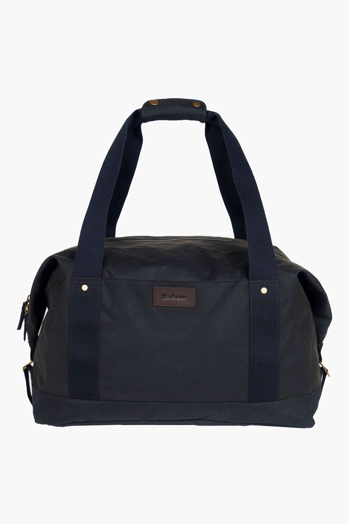 The Barbour black waxed cotton holdall features two sturdy handles and a small front logo patch, making it ideal as an overnight carry bag.