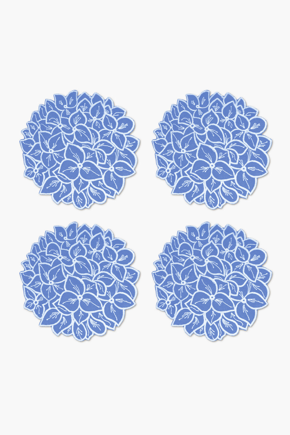Chefanie’s set of four round blue linen coasters features a white hydrangea floral design, arranged in a 2x2 grid—perfect for adding coastal charm to your table setting.