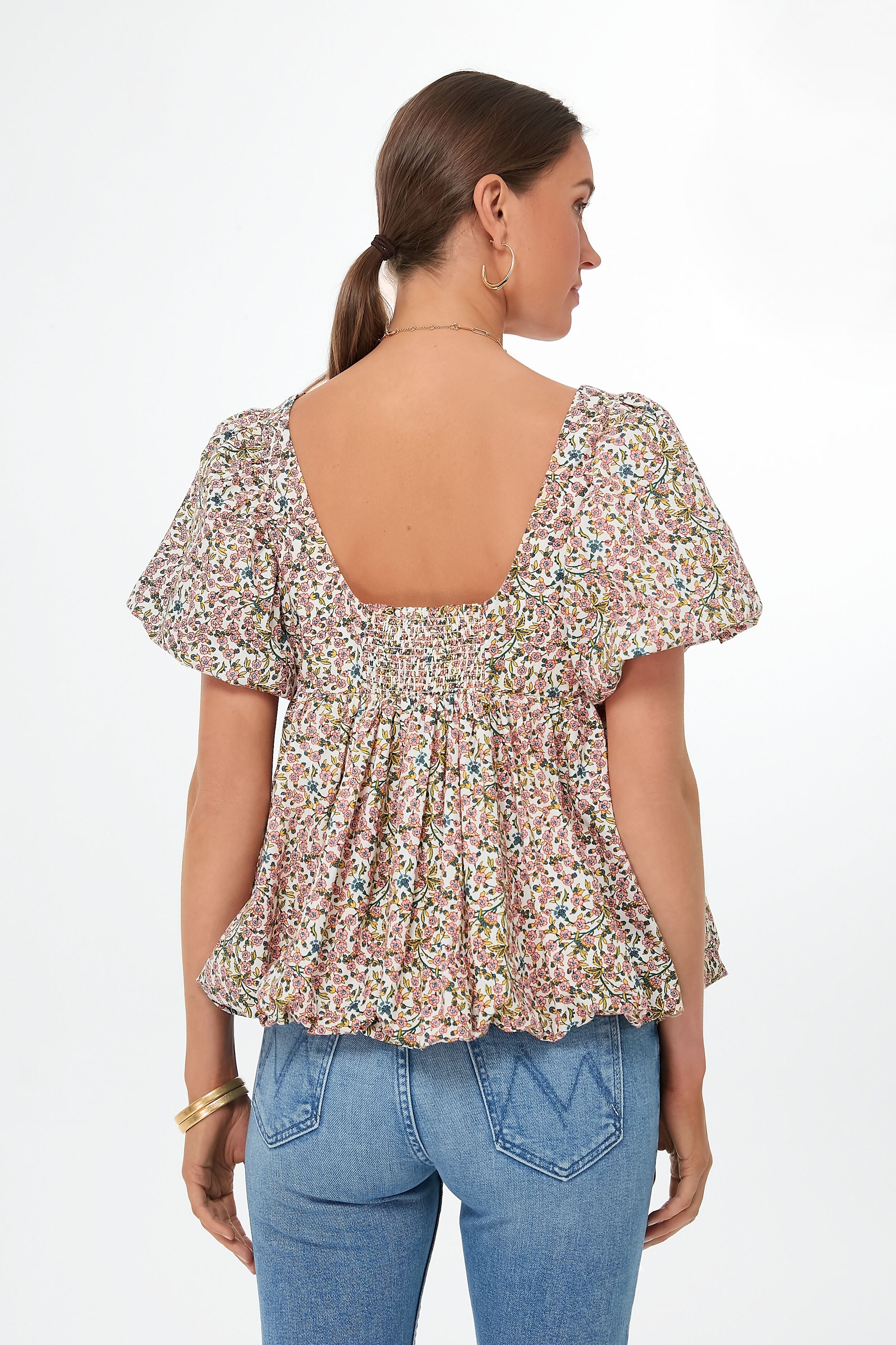 Floral Puff Sleeve Smocked Scoop Neck Virginia Blouse