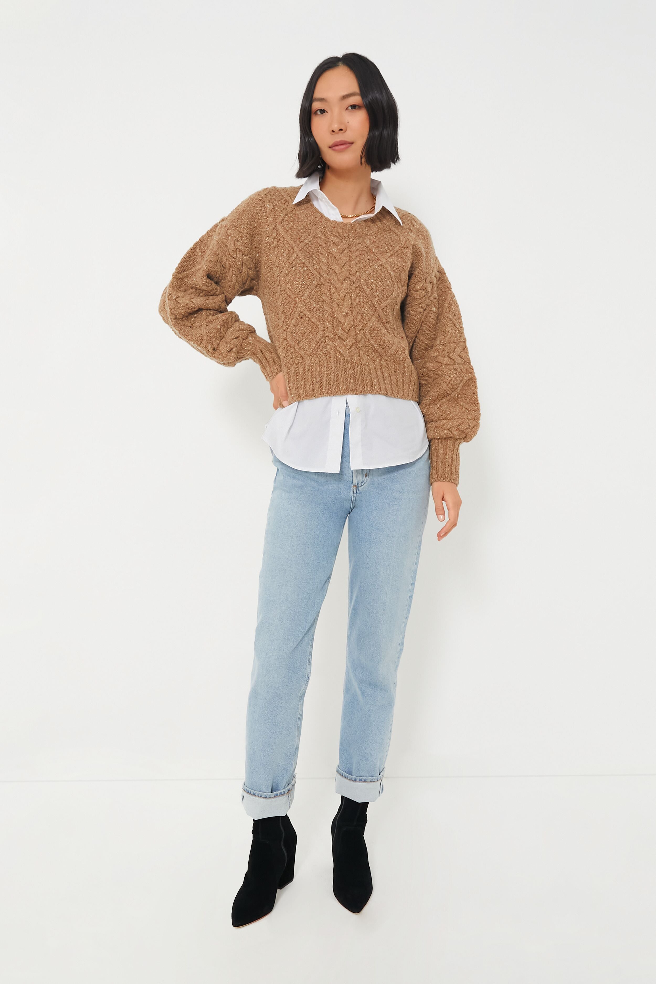 Biscuit Cable Knit Cropped Crew Neck Sweater | IrelandsEye Knitwear