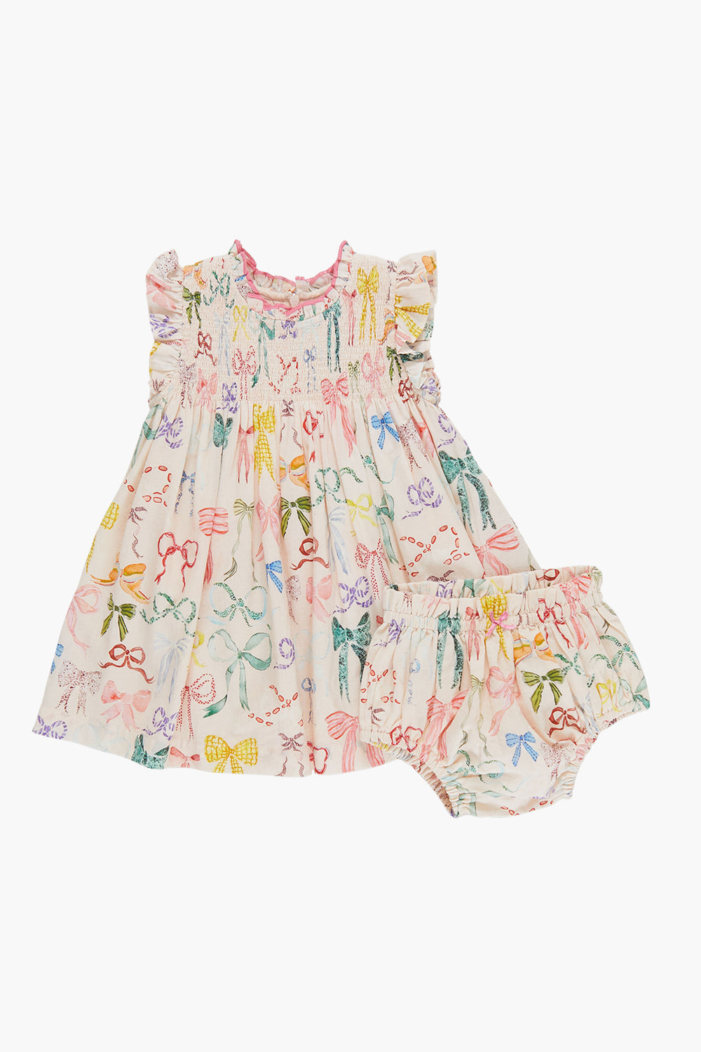 The Pink Chicken Watercolor Bows Baby Dress Set includes matching bloomers, colorful bow prints, ruffled sleeves, and gathered details—bringing a charming look to your little one’s wardrobe.