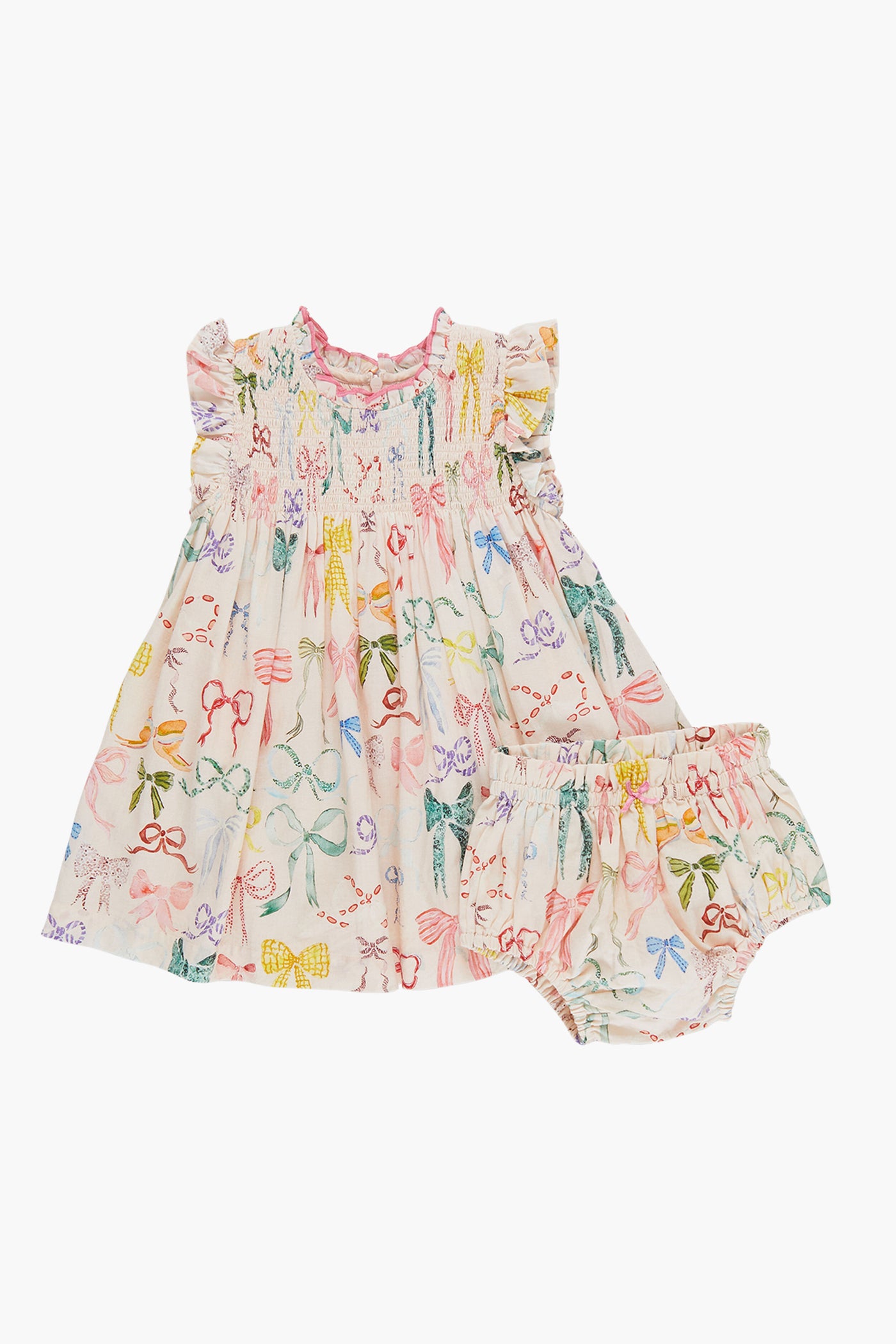The Pink Chicken Watercolor Bows Baby Dress Set includes matching bloomers, colorful bow prints, ruffled sleeves, and gathered details—bringing a charming look to your little one’s wardrobe.