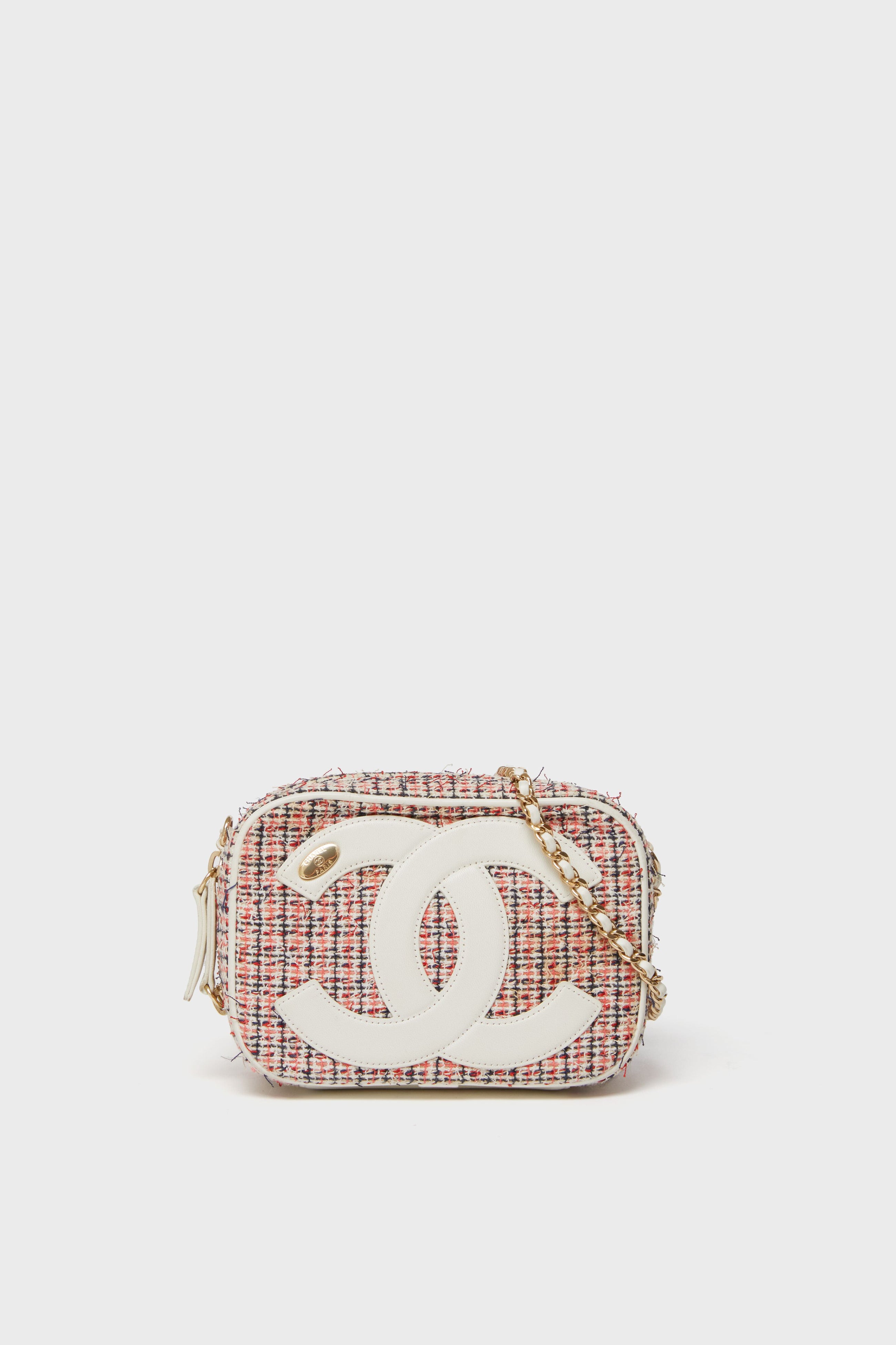 Rectangular Tuckernuck Archive Collection Classic Flap Bag in red and white tweed, featuring a large white logo on the front and a gold chain strap, inspired by Karl Lagerfeld.