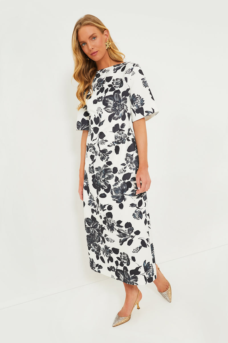 Black Flowers on Ivory Kora Rounded Twill Dress