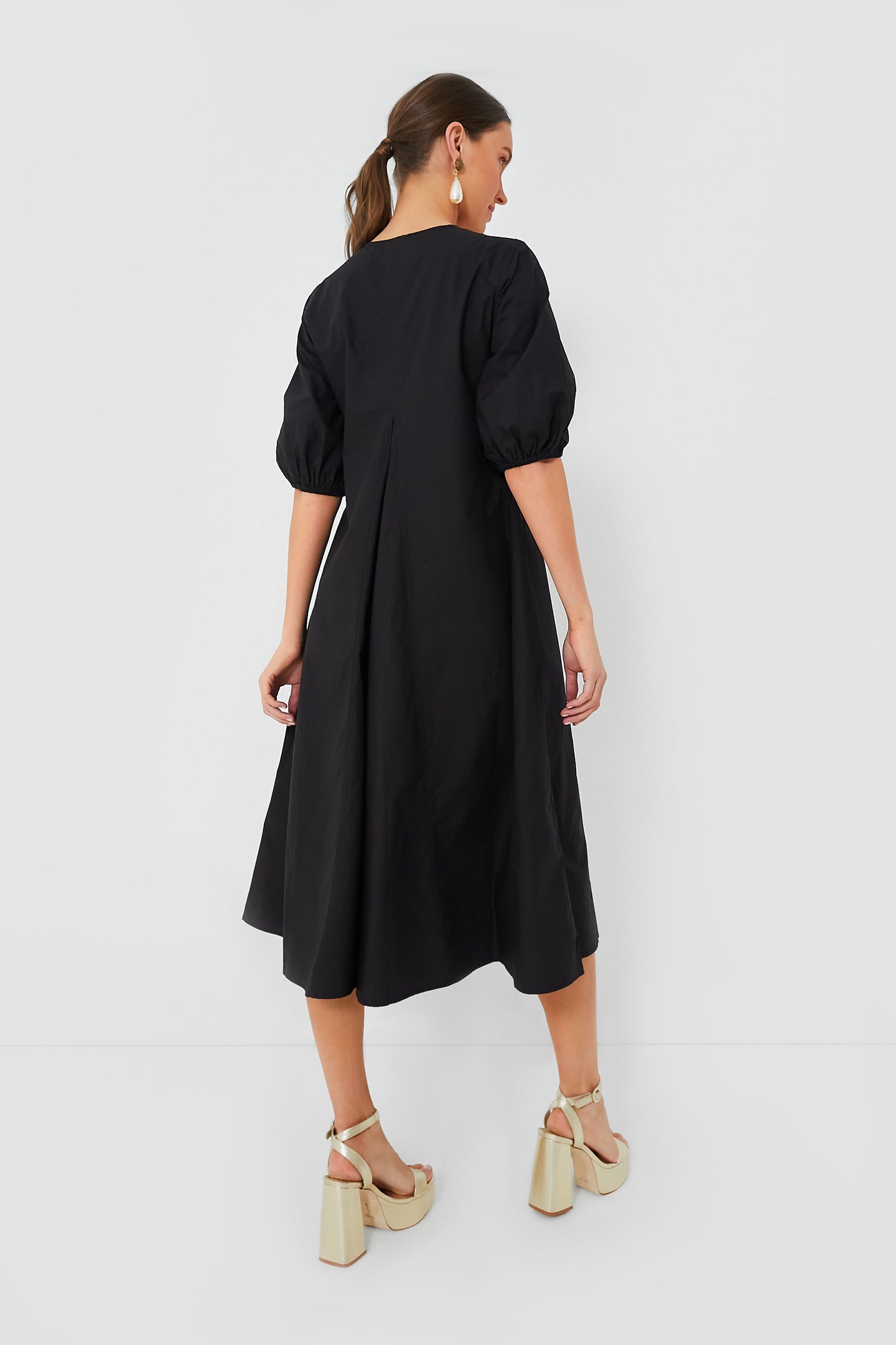 Black Cotton Poplin V-Neck Long Dress