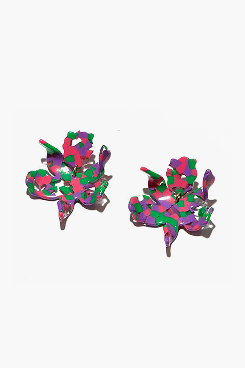 Lightweight abstract flower-shaped earrings in multicolored pink, purple, green, and red, inspired by Lele Sadoughi's playful style.