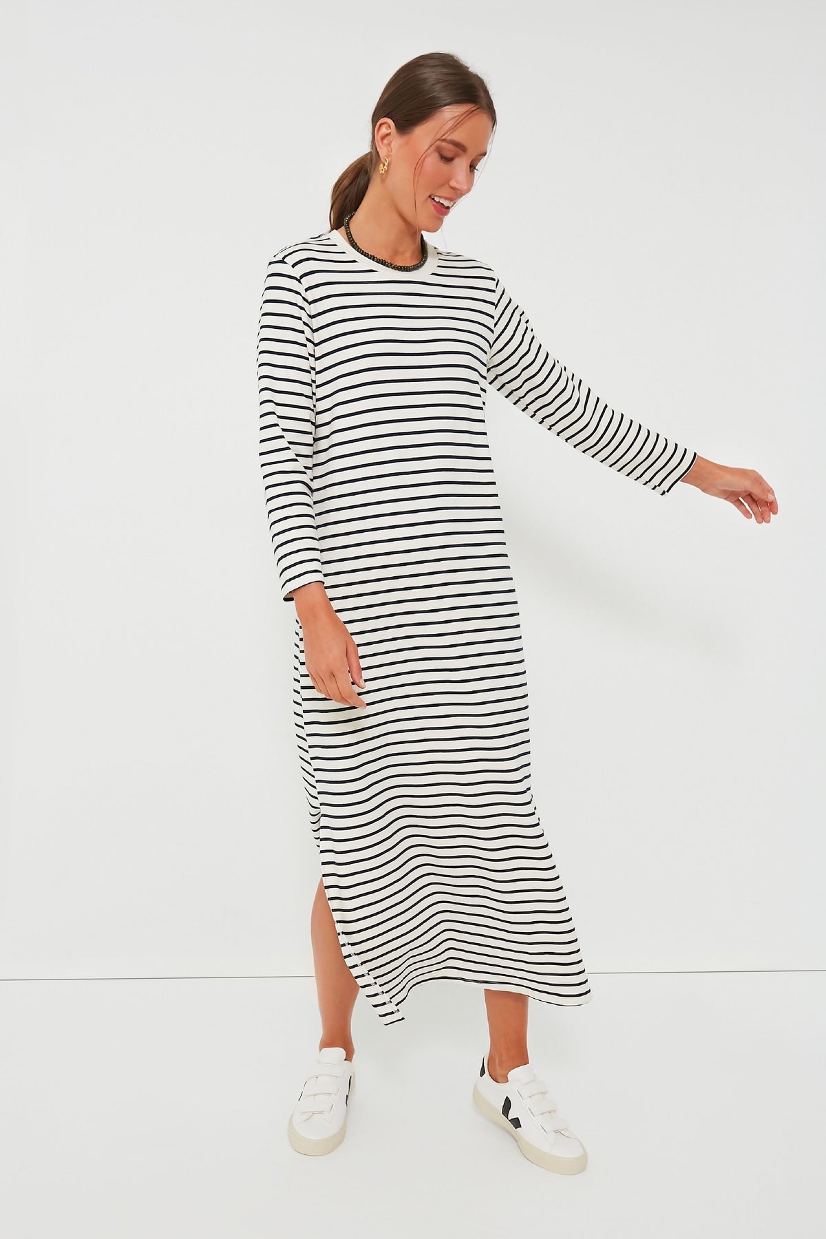 gray and white striped maxi dress White Stripe Ribbed Maxi Dress - Casual Dresses