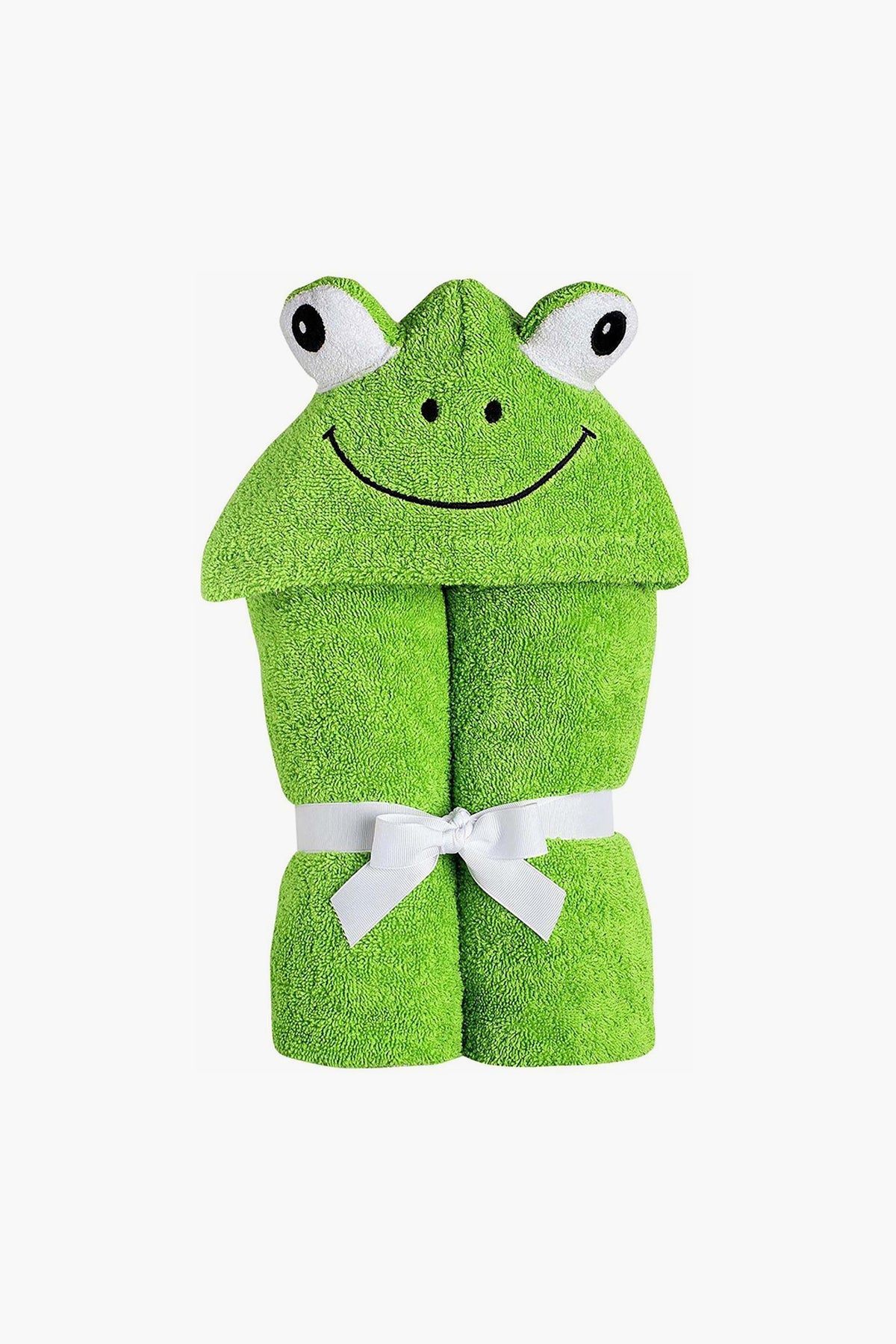 The Yikes Twins Green Hooded Frog Towel is made from soft cotton terry with embroidered eyes and a smile, neatly folded and tied with a white ribbon. Perfect as a baby bath towel.