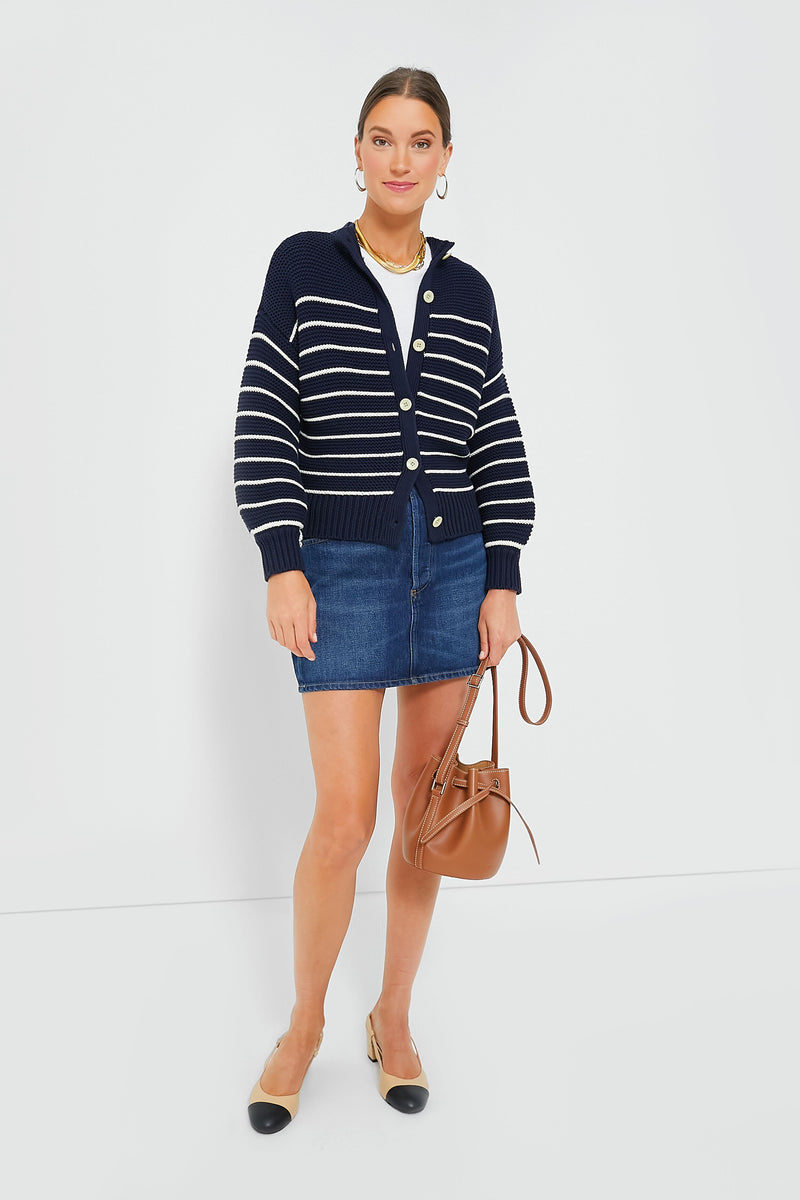 Dark Navy and Ivory Stripe Button Back Crewneck Sweater