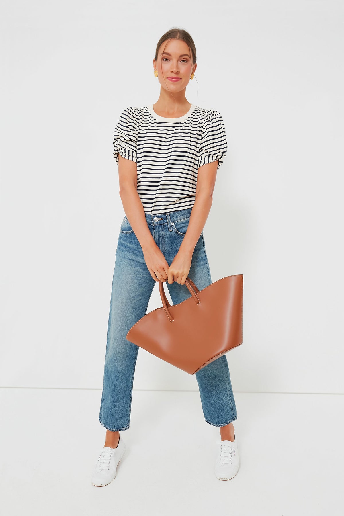 Navy Striped Vesty Puff Short Sleeve Crewneck | Pomander Place