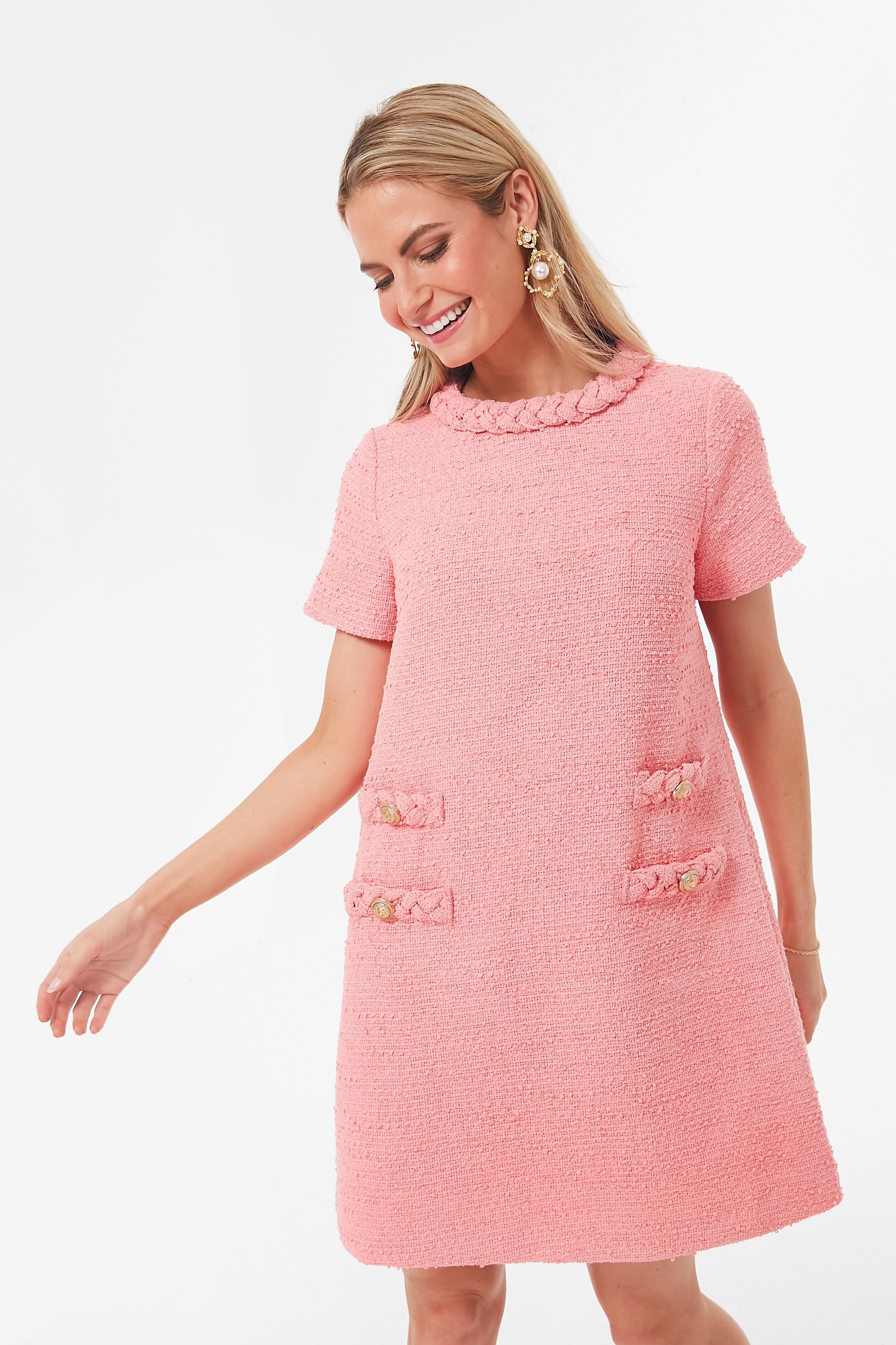 Bar T Boutique LLC Timeless Tweed Buttoned Dress - Light Pink Large