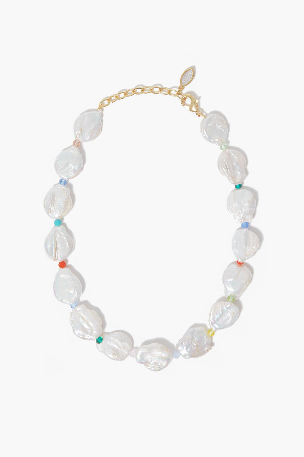 A Mignonne Gavigan beaded necklace with large irregular freshwater pearls, small multicolored beads between each pearl, and a gold chain with clasp in the brand’s signature style.