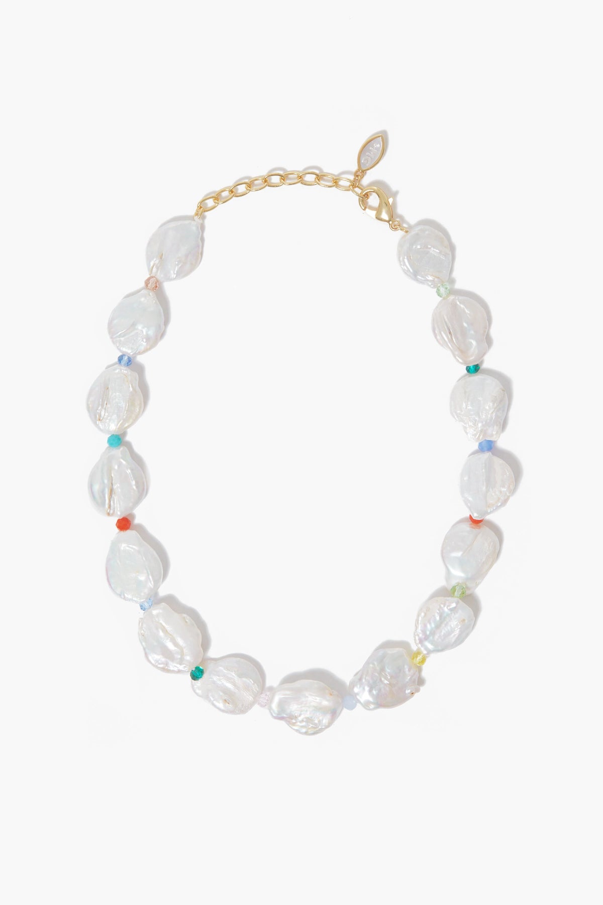 A Mignonne Gavigan beaded necklace with large irregular freshwater pearls, small multicolored beads between each pearl, and a gold chain with clasp in the brand’s signature style.