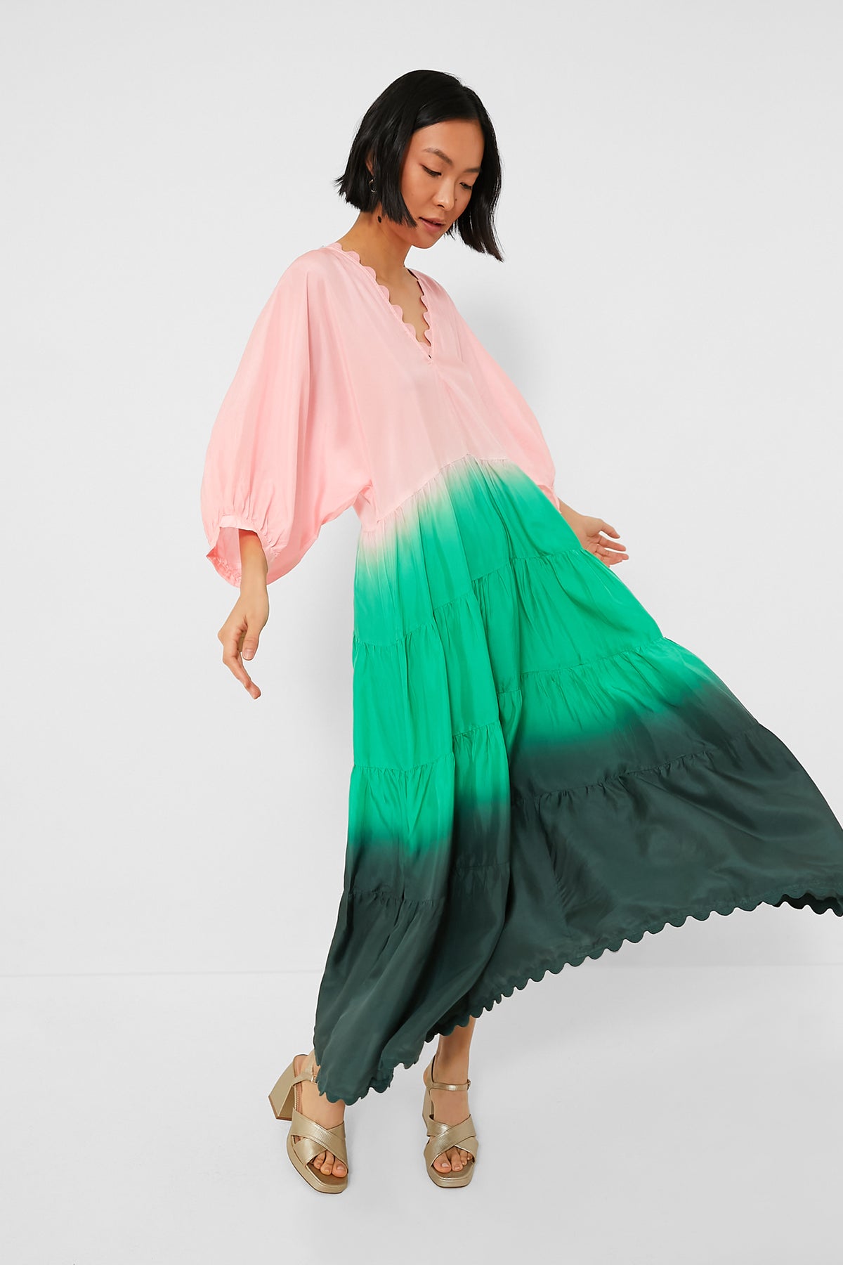 Peach and Emerald Bottle Green Ombre V-Neck Loose Maxi Dress with Ric Rac  Trim