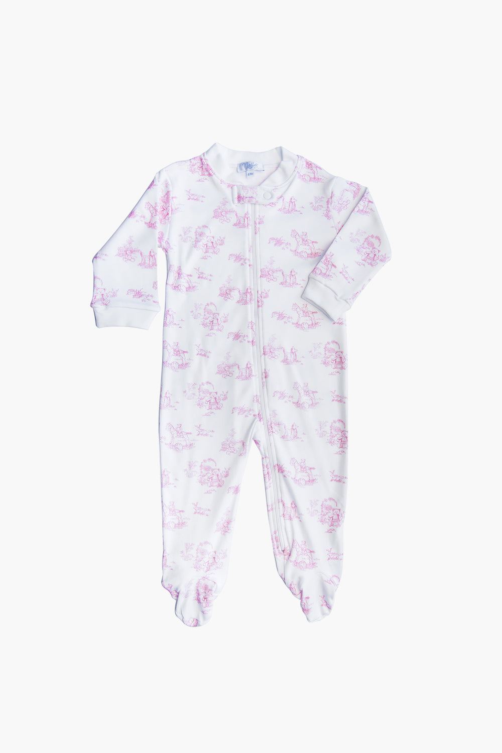The Nella Pima white baby onesie is crafted from soft Peruvian Pima cotton, with pink prints, long sleeves, footed legs, and a front zipper—ideal as a baby gift or cozy footie pajamas.