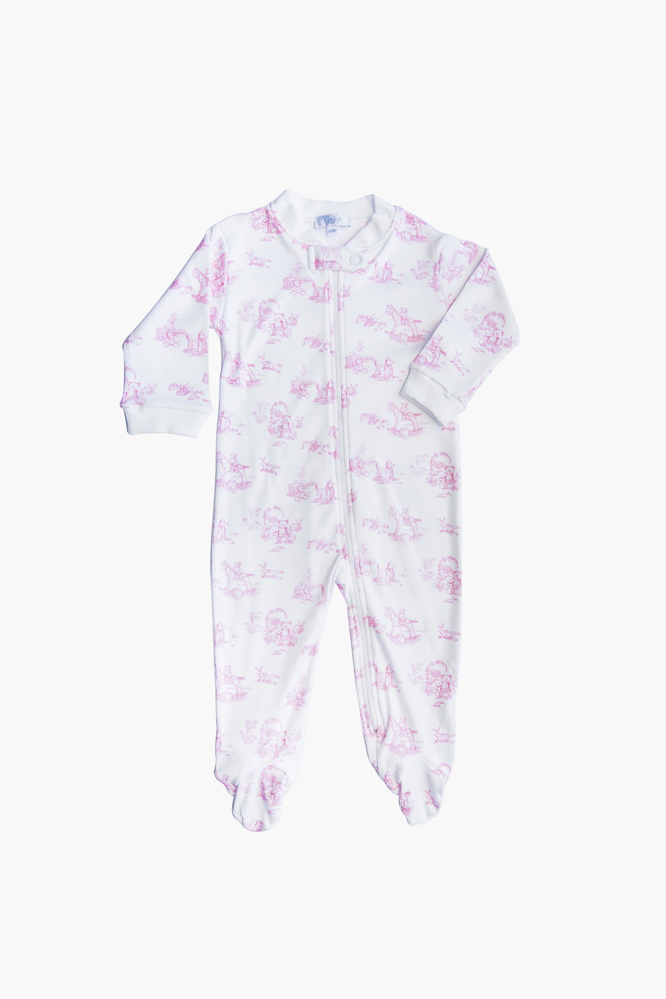 The Nella Pima white baby onesie is crafted from soft Peruvian Pima cotton, with pink prints, long sleeves, footed legs, and a front zipper—ideal as a baby gift or cozy footie pajamas.