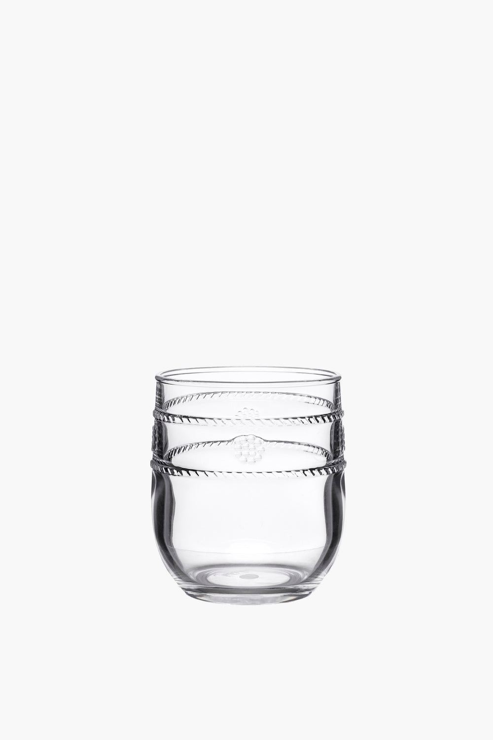 Juliska clear acrylic stemless tumbler features a rounded shape with two twisted rope bands, inspired by the Al Fresco collection. BPA-free and dishwasher-safe, it offers stylish and easy entertaining.
