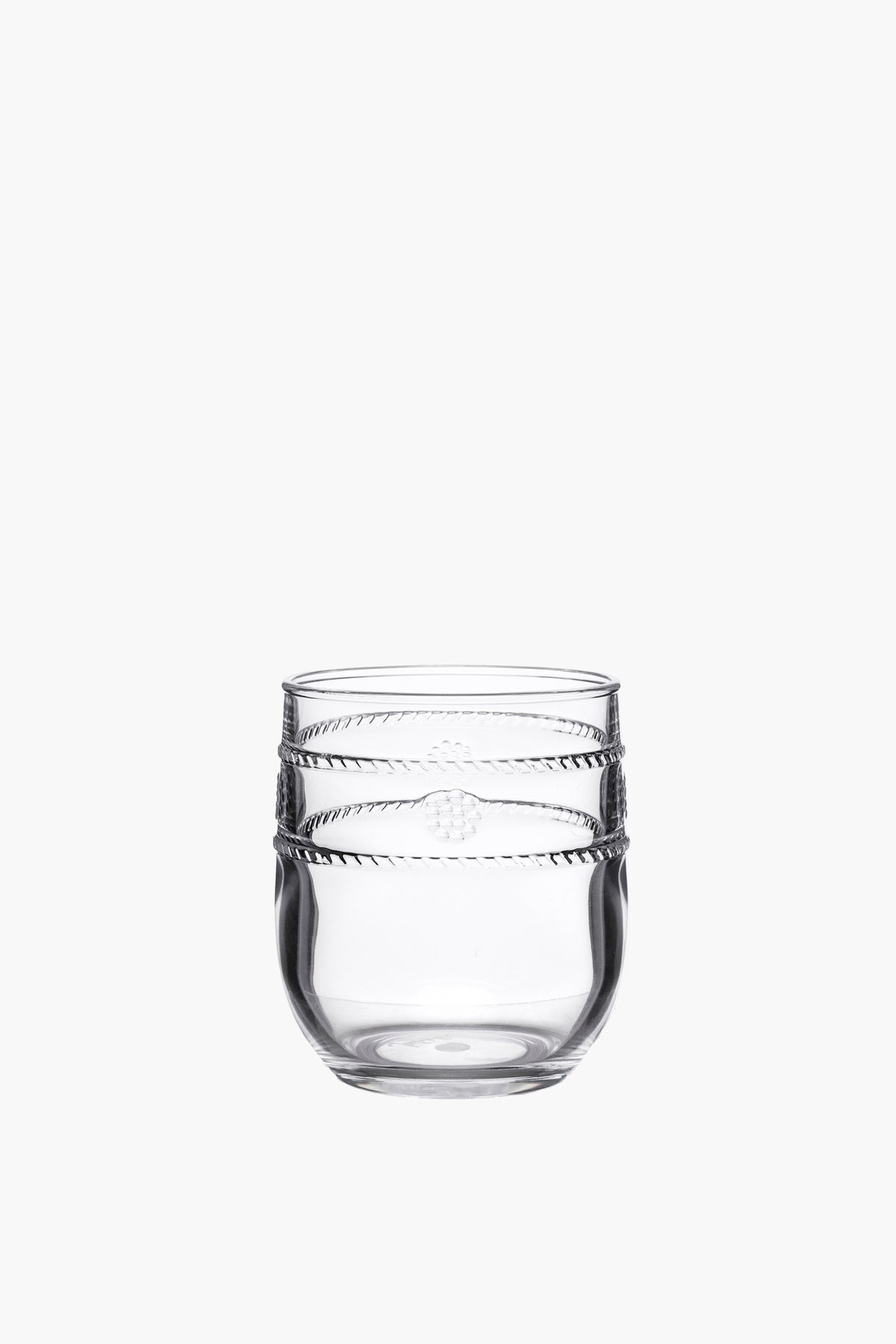 Juliska clear acrylic stemless tumbler features a rounded shape with two twisted rope bands, inspired by the Al Fresco collection. BPA-free and dishwasher-safe, it offers stylish and easy entertaining.