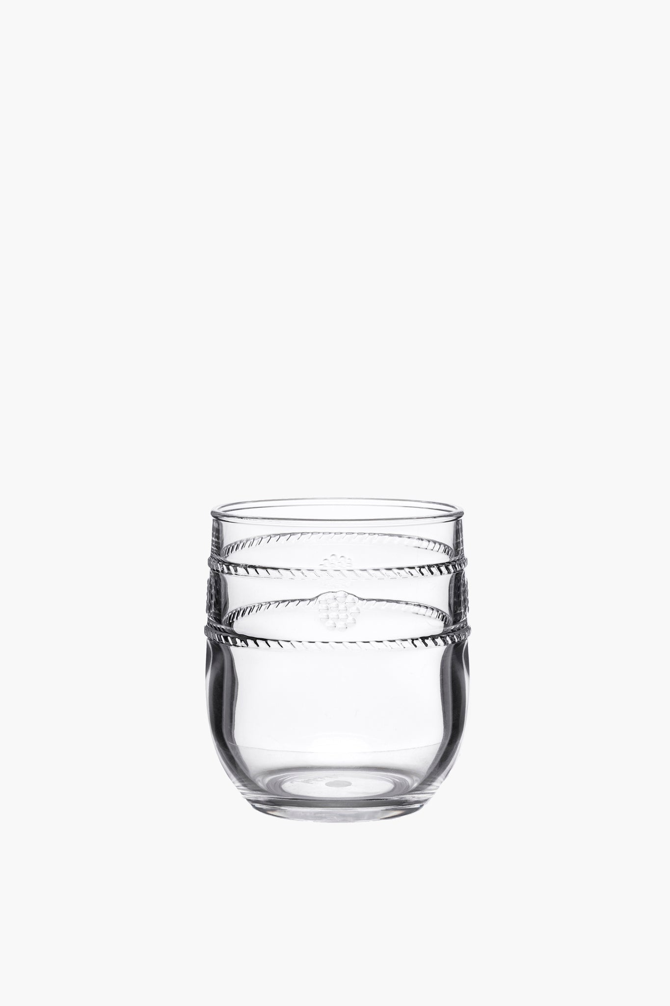 Juliska clear acrylic stemless tumbler features a rounded shape with two twisted rope bands, inspired by the Al Fresco collection. BPA-free and dishwasher-safe, it offers stylish and easy entertaining.