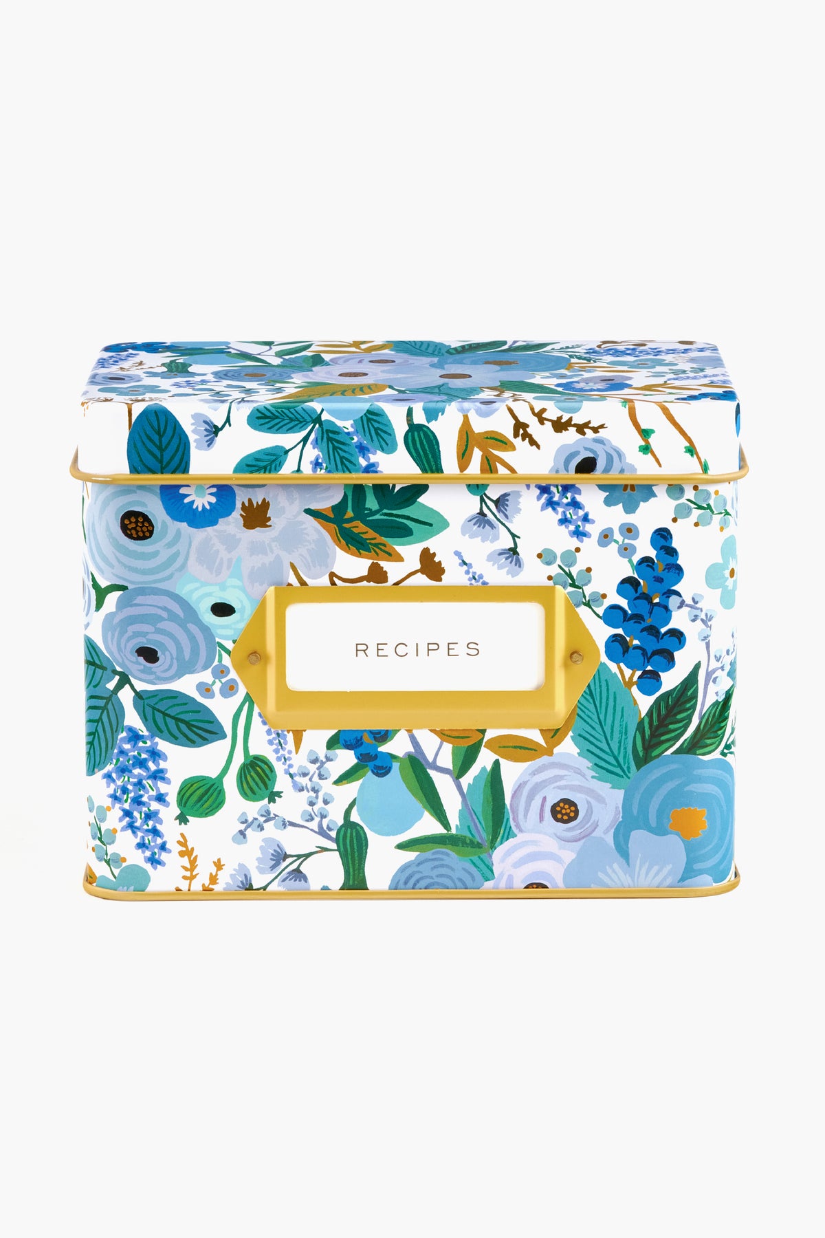 A rectangular tin recipe box by Rifle Paper Co. features hand-painted blue and green florals, a gold label holder, and a front label that reads "RECIPES.