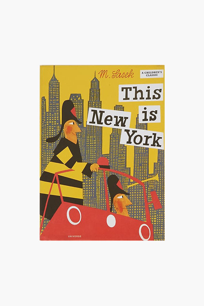 A book cover from Rizzoli titled "This Is New York" by M. Sasek features two people in a red car driving among stylized New York City buildings.