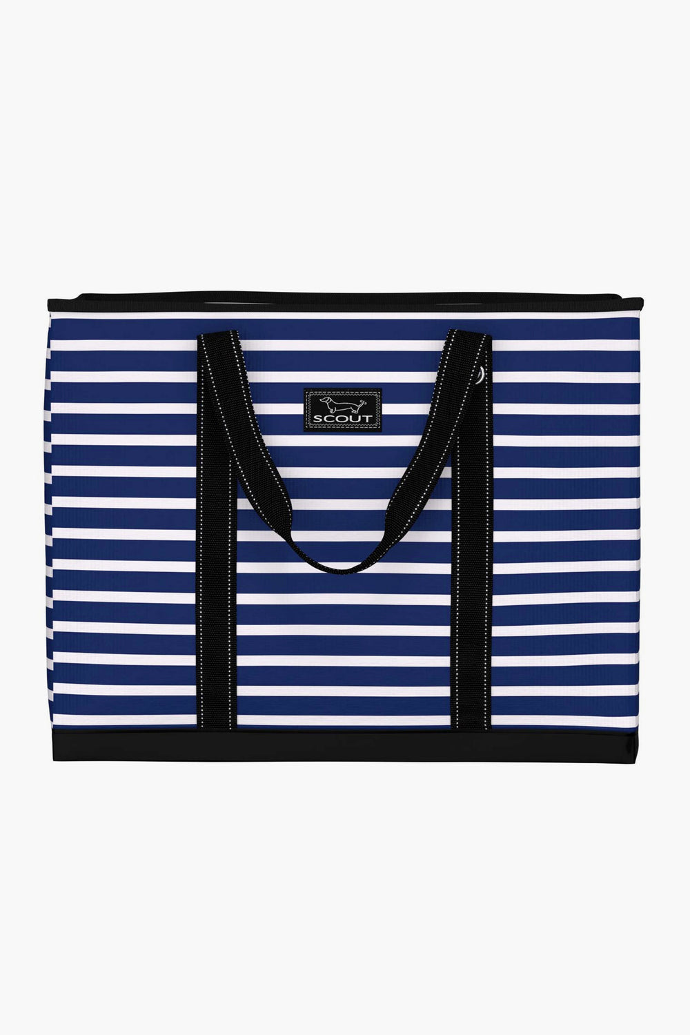 A blue and white striped lightweight tote with black handles and trim, featuring a rectangular SCOUT brand label on the front.