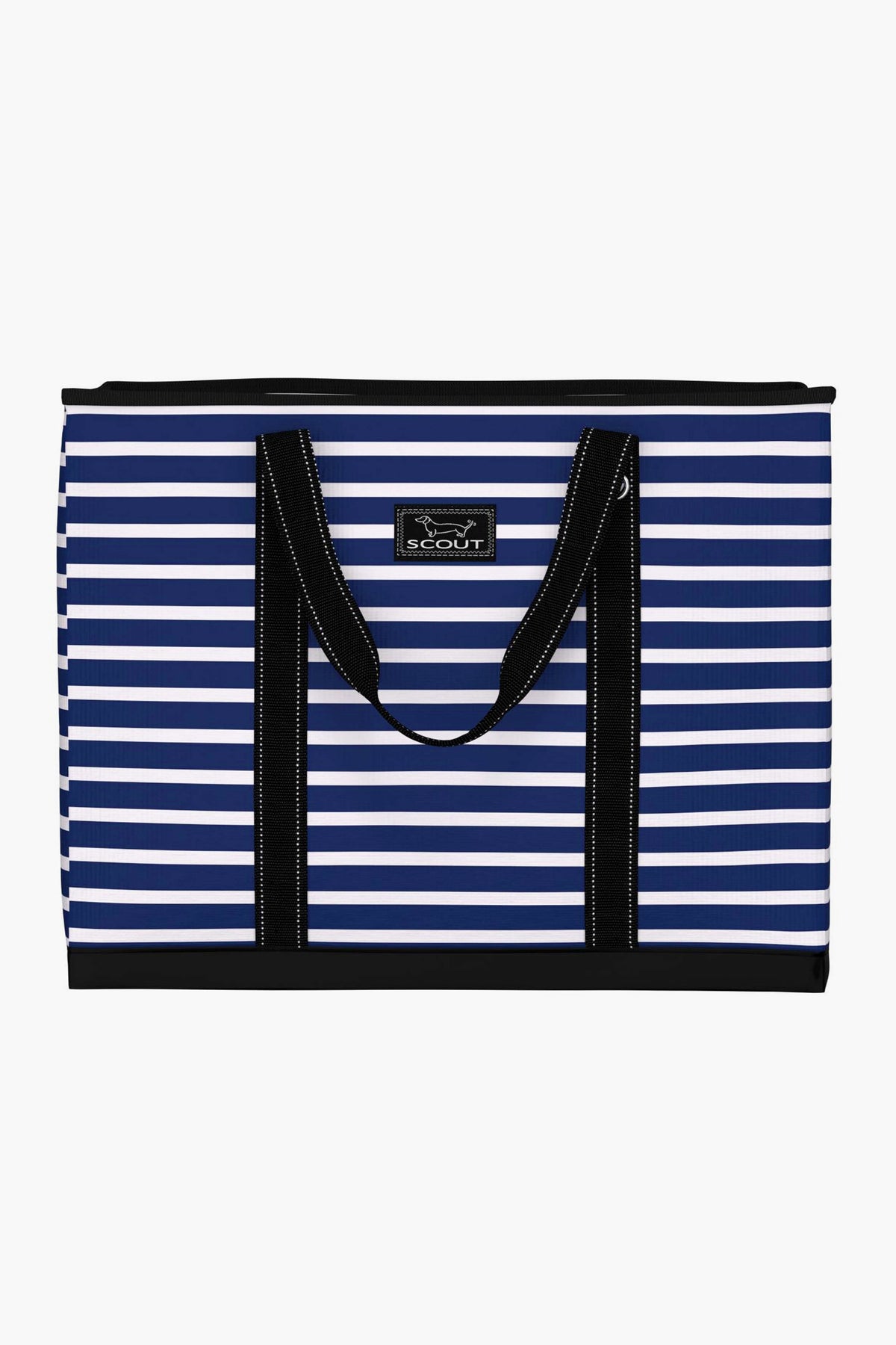 A blue and white striped lightweight tote with black handles and trim, featuring a rectangular SCOUT brand label on the front.