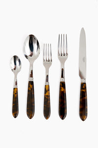 The Sabre Paris five-piece cutlery set features 18/10 stainless steel with dark brown marbled handles and includes a small spoon, large spoon, small fork, large fork, and knife, all arranged side by side.