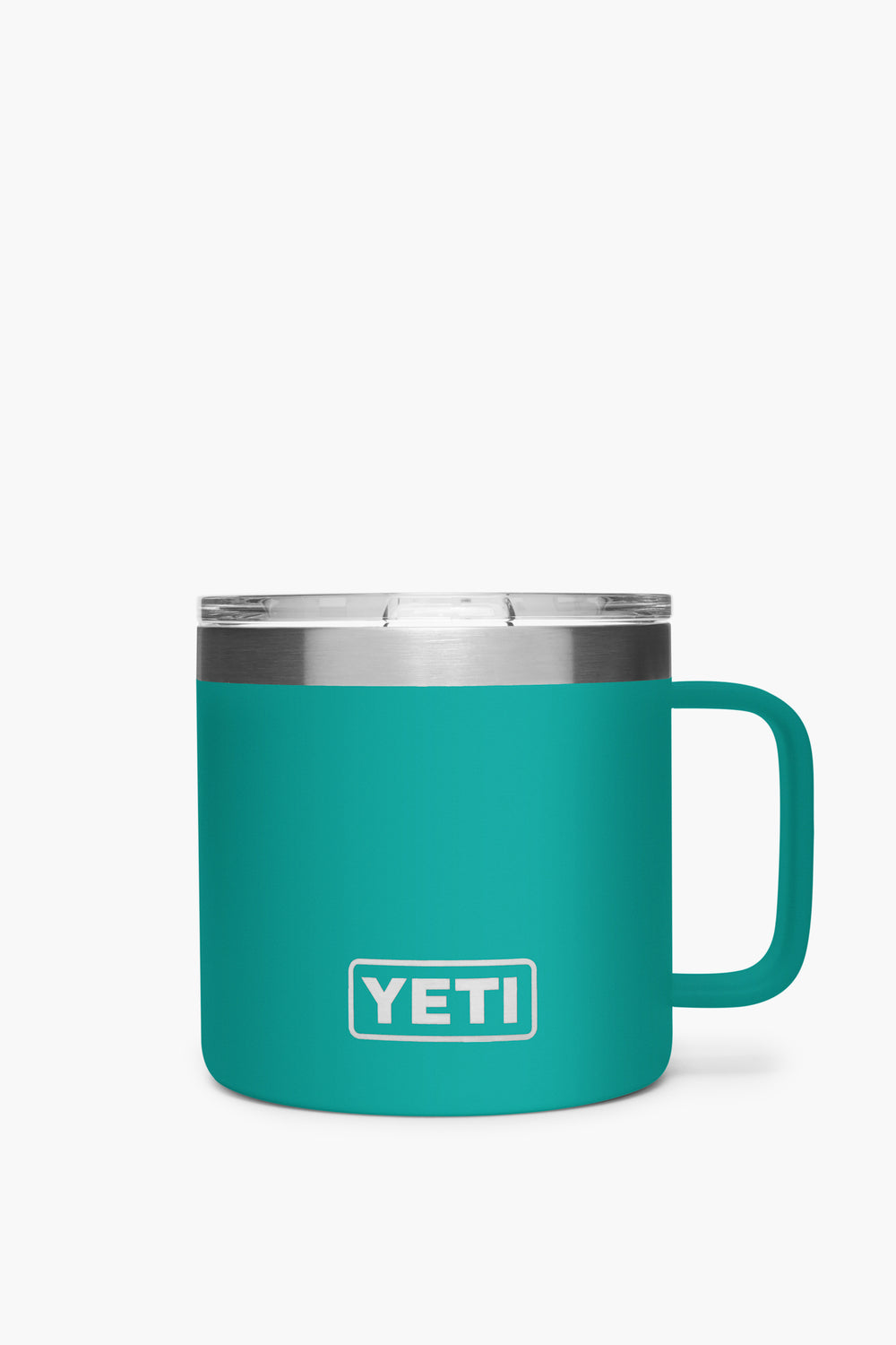 A YETI Rambler stainless steel mug in teal with a handle and lid, offering double-wall vacuum insulation for excellent temperature retention.