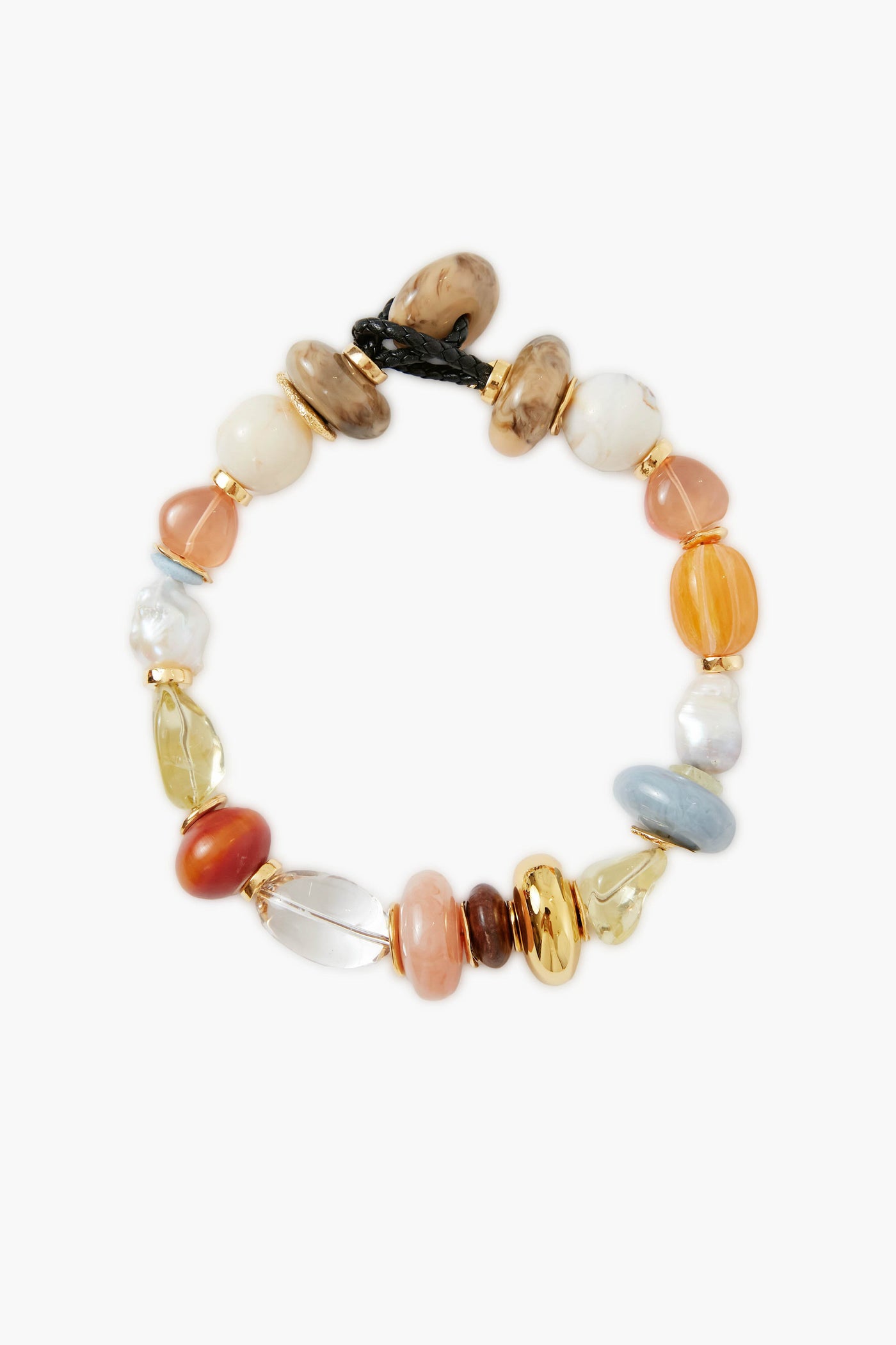 Lizzie Fortunato's mixed bead bracelet showcases gold, beige, blue, orange, and white beads of various shapes strung on a black cord.