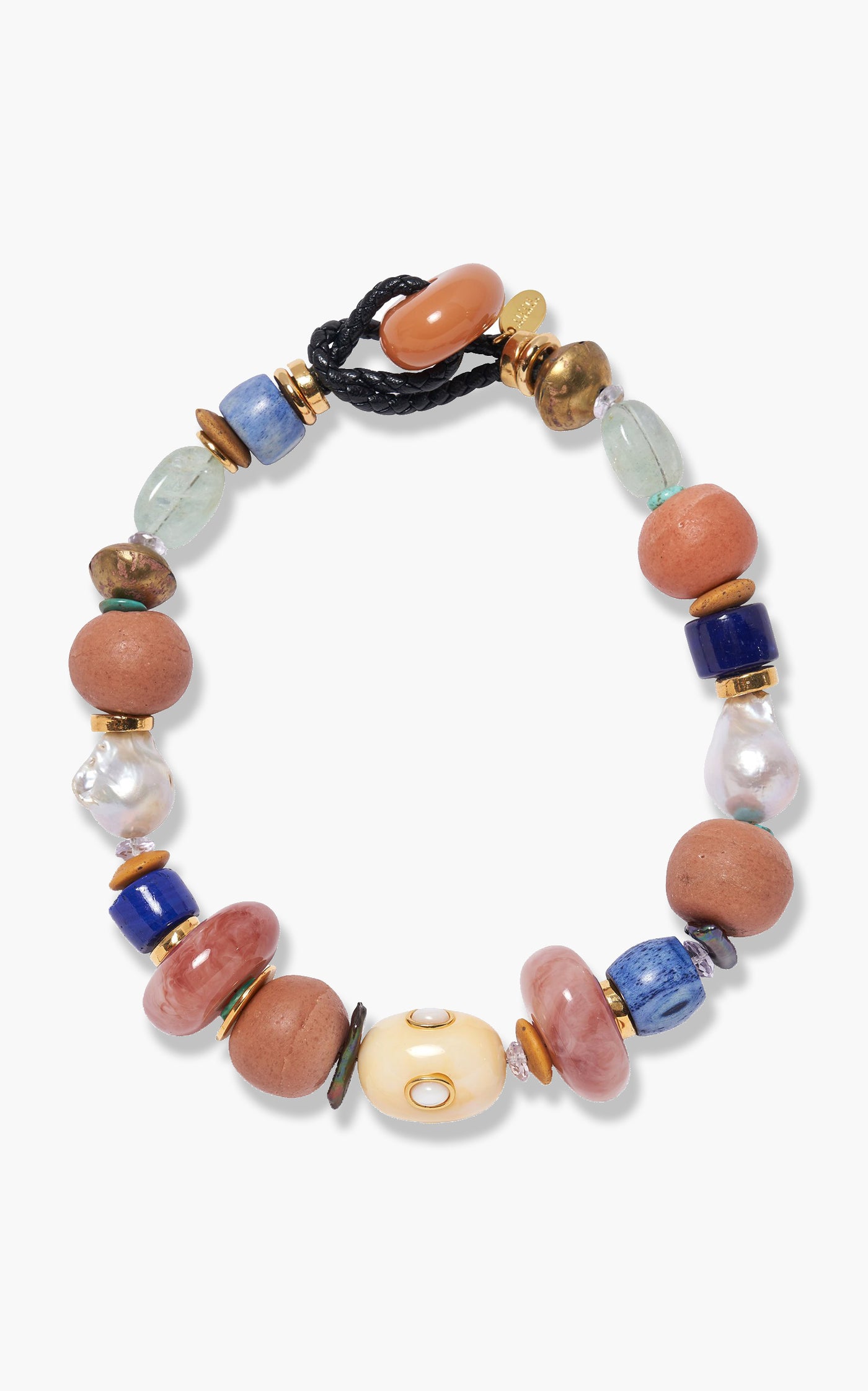 This Lizzie Fortunato beaded bracelet features multicolored beads in assorted shapes and sizes, all strung on a black cord with a loop closure.