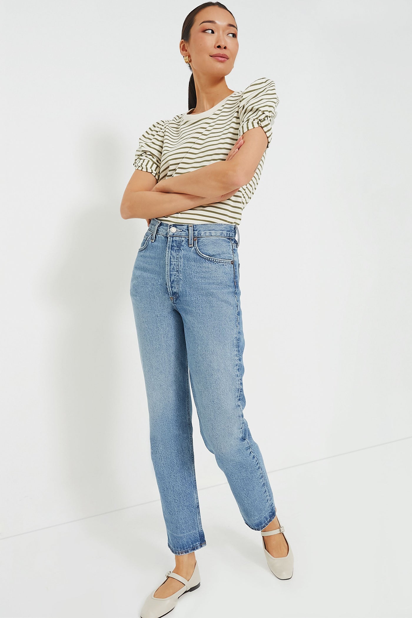 Olive Striped Vesty Puff Short Sleeve Crewneck
