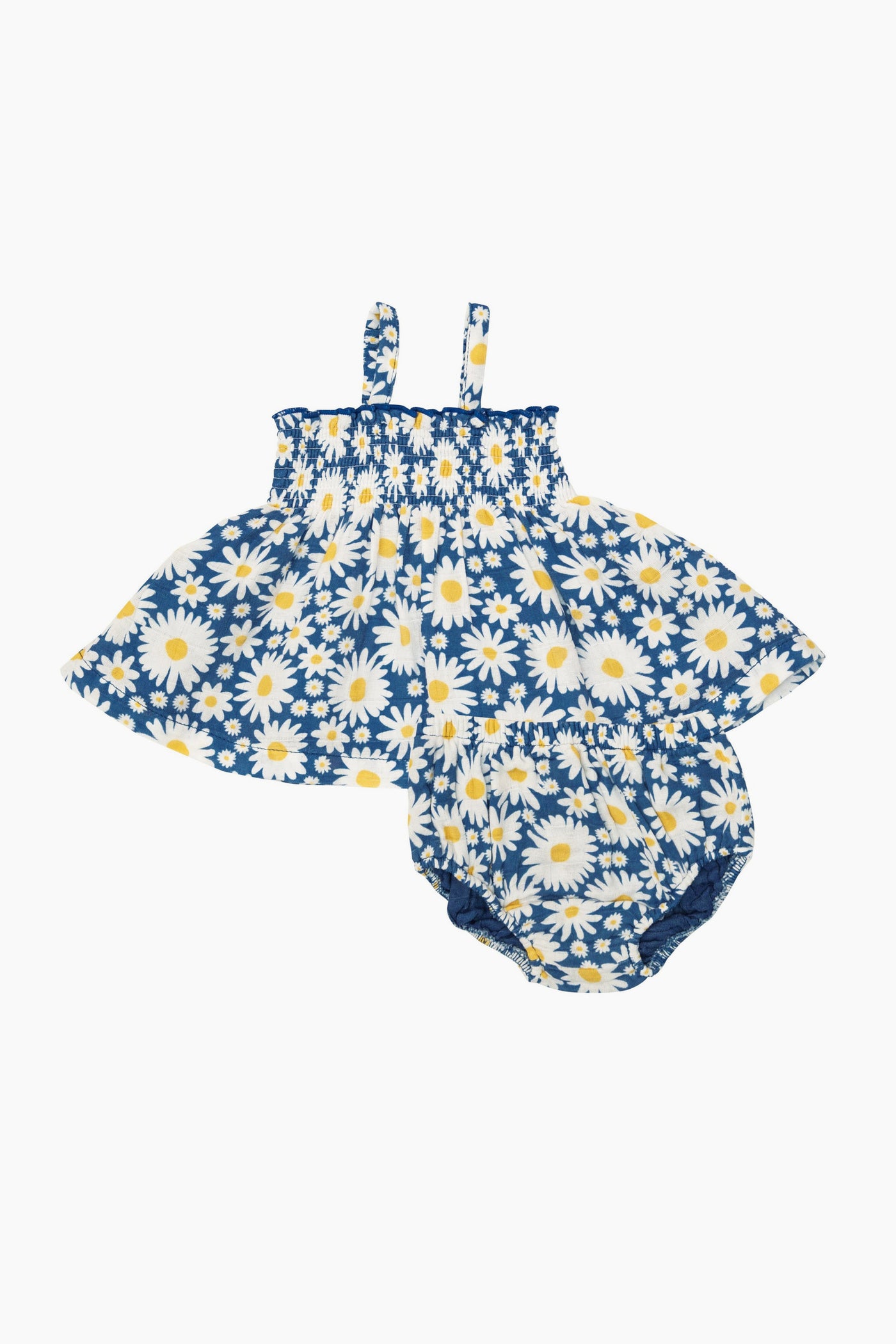 Angel Dear blue floral baby outfit with white and yellow daisy print, featuring shoulder straps and matching baby bloomers set, made from organic cotton.