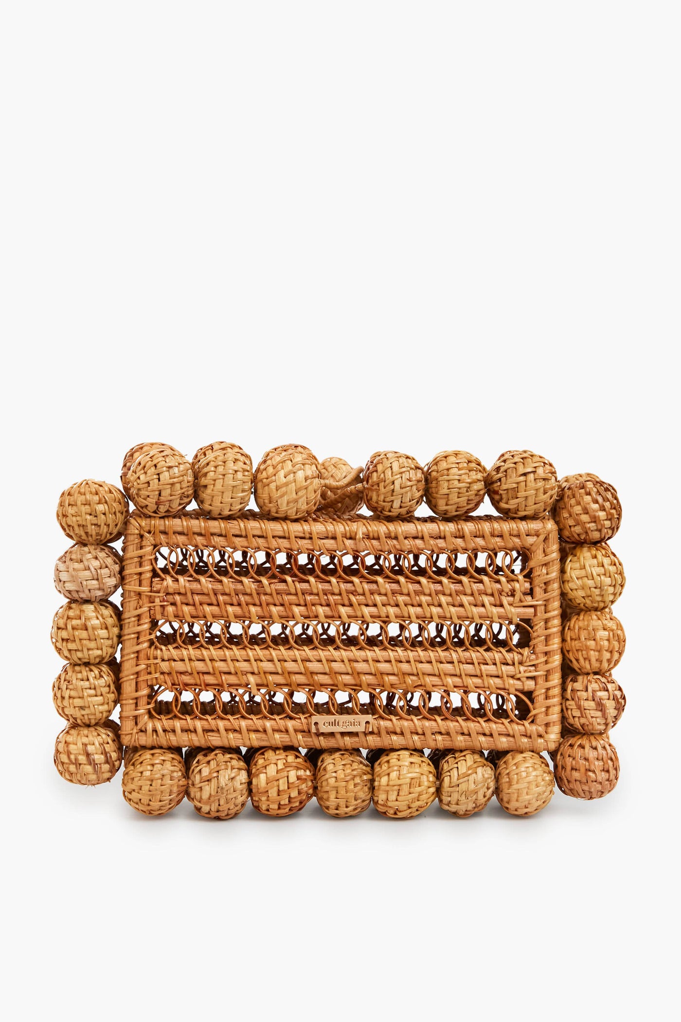 Rectangular woven rattan bag by Cult Gaia, featuring rounded border accents and an intricate braided center pattern.
