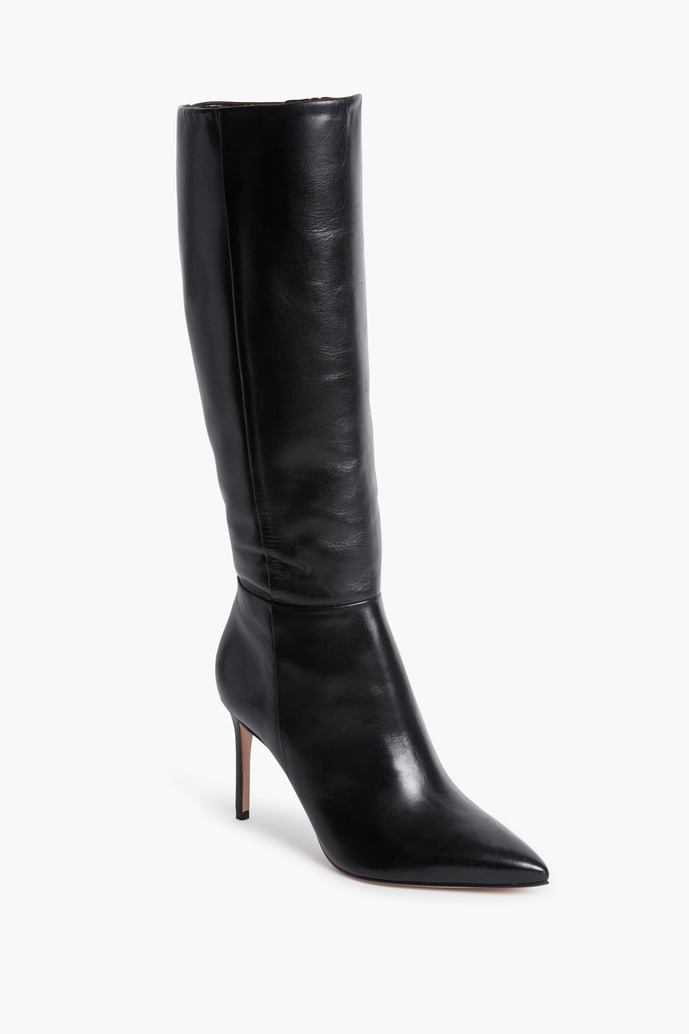 A single black leather knee-high boot by Schutz is shown, featuring a pointed toe and a high stiletto heel.