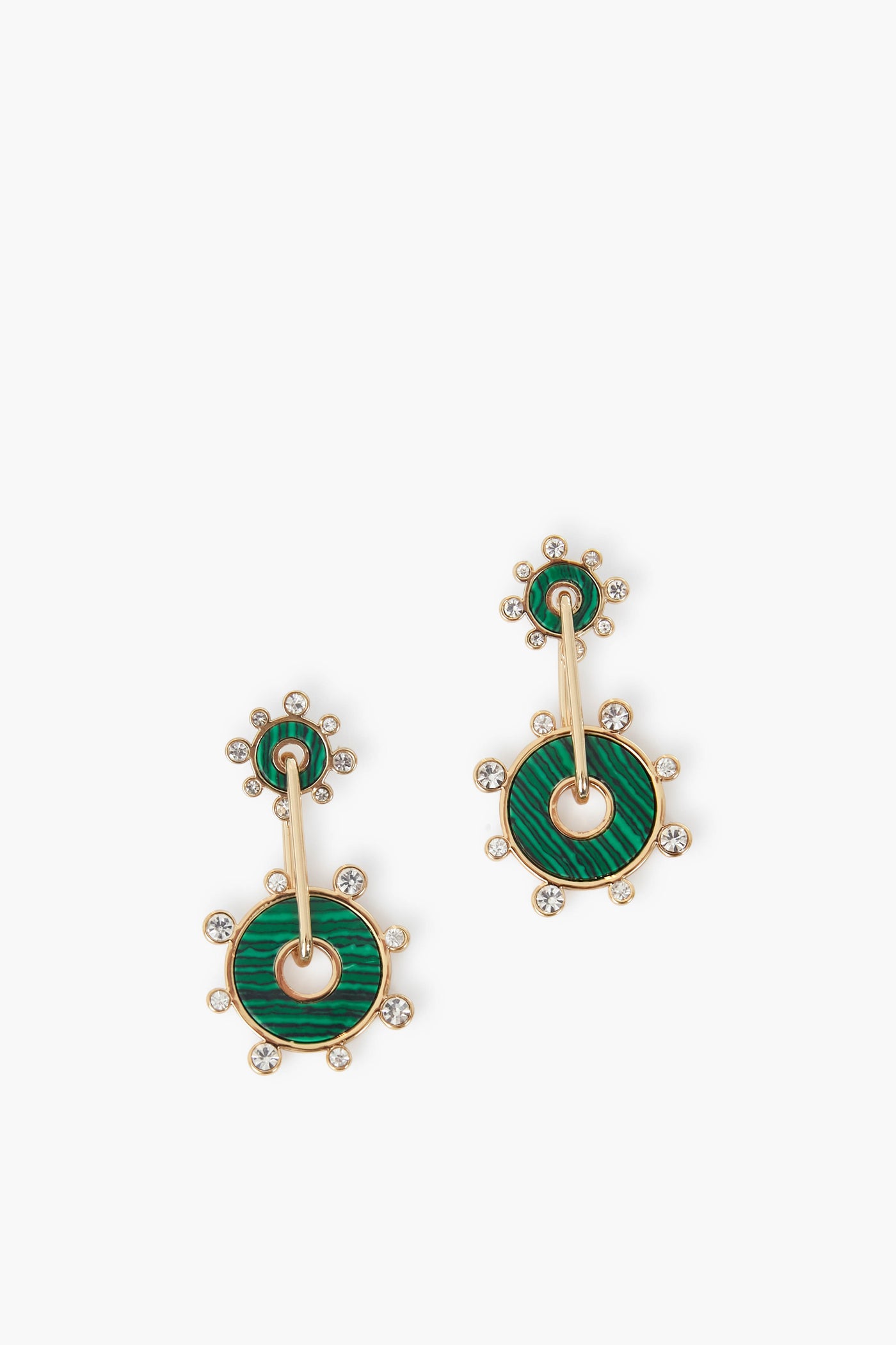 Mignonne Gavigan Etna Luxe Drop Earrings: Gold-plated drop earrings with green circular accents and small clear gemstones add a sophisticated touch.