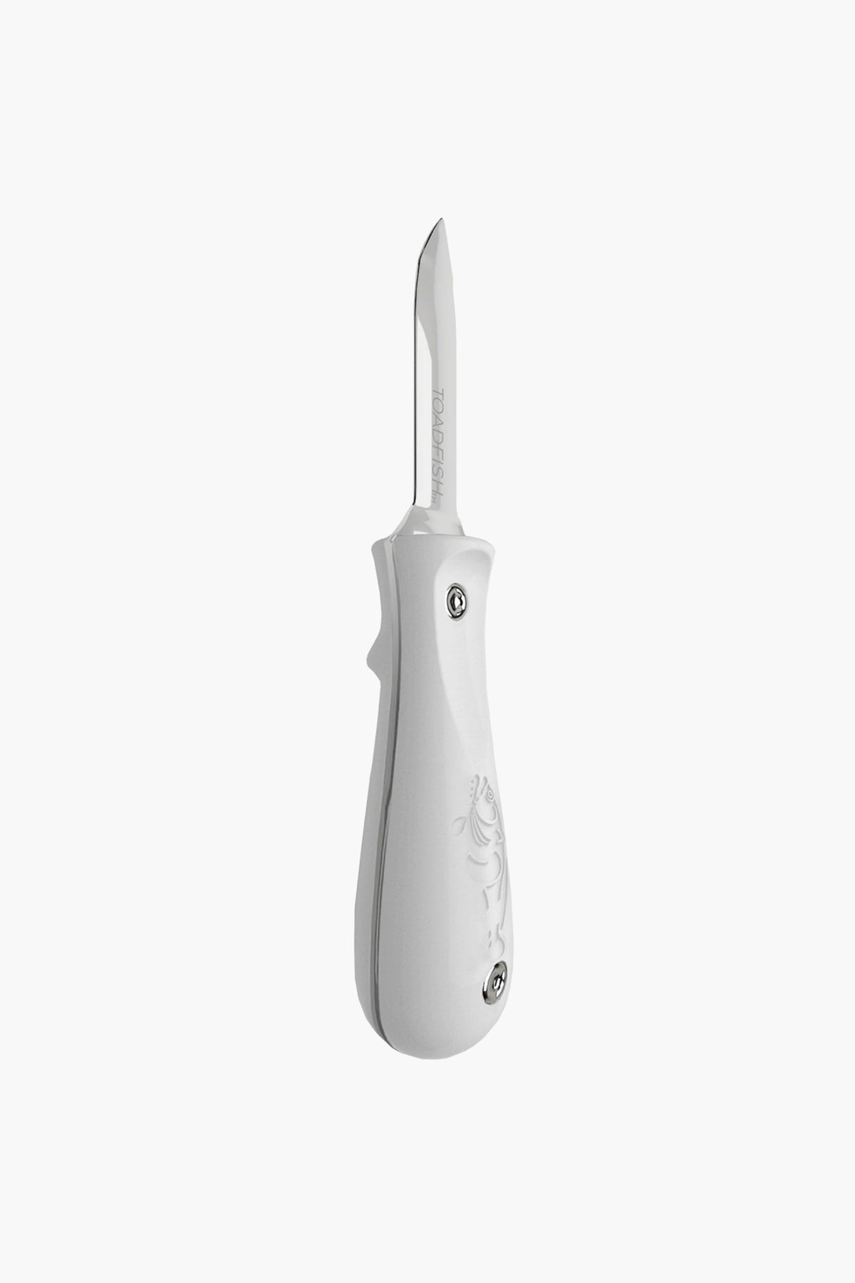 The Toadfish commercial oyster knife features a white handle and a pointed stainless steel blade, making it ideal for professional shucking.