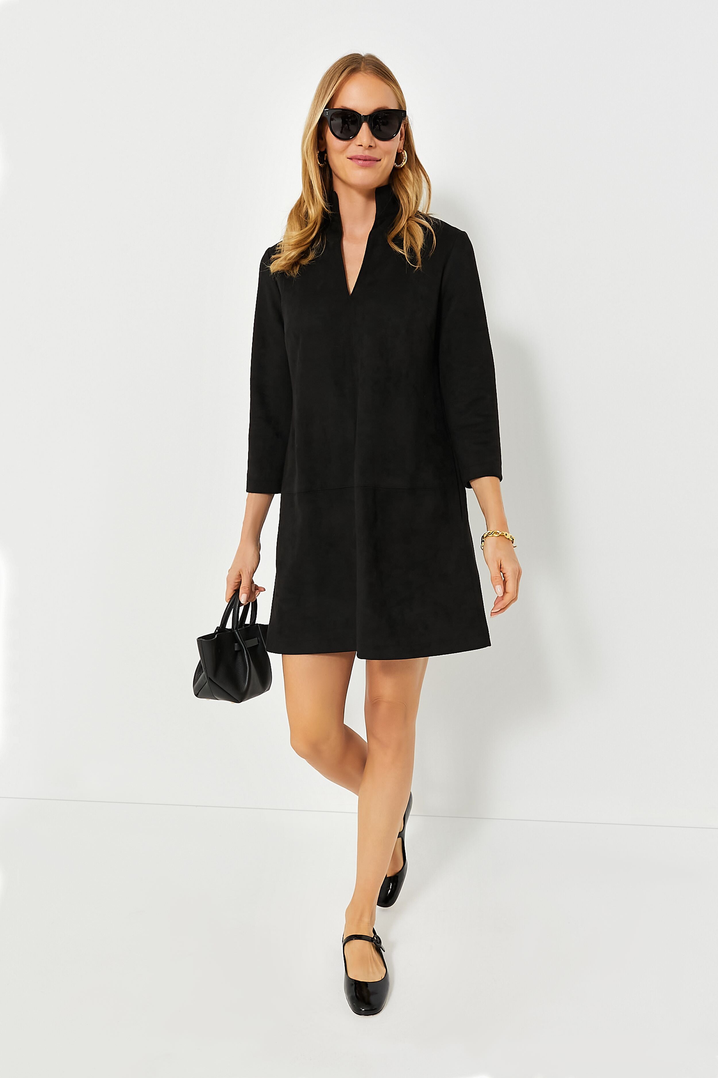 Ladies Classic Black Shift Dress Long Sleeve Covered Button Cuff Knee Length