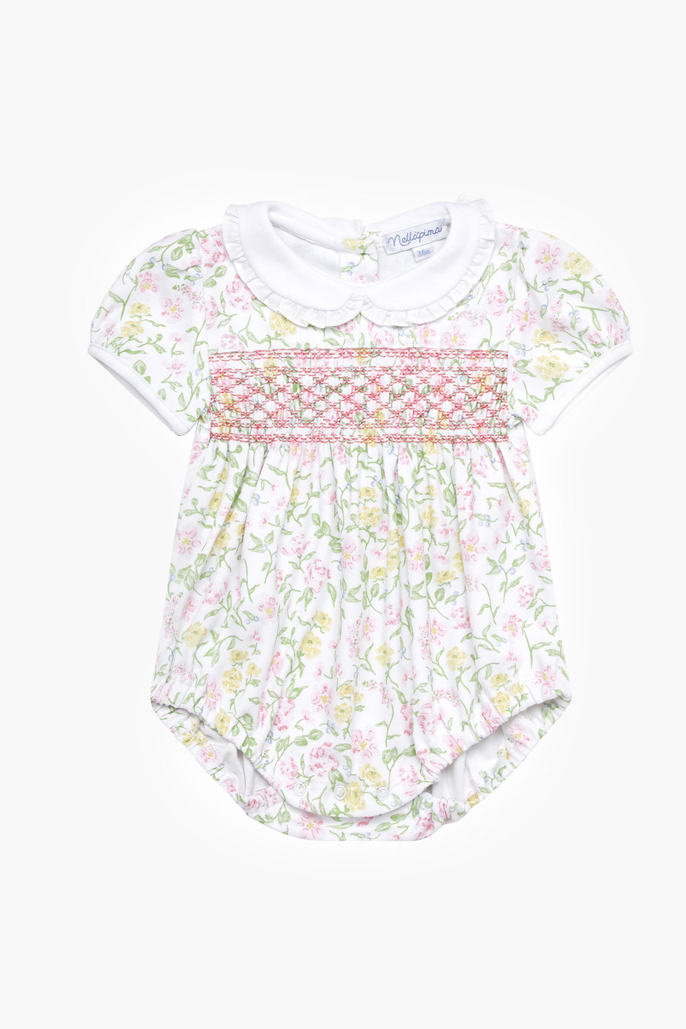 Nella Pima baby romper made from soft Peruvian Pima cotton, with short sleeves, white Peter Pan collar, floral print, and smocked chest—an adorable smocked bubble onesie.