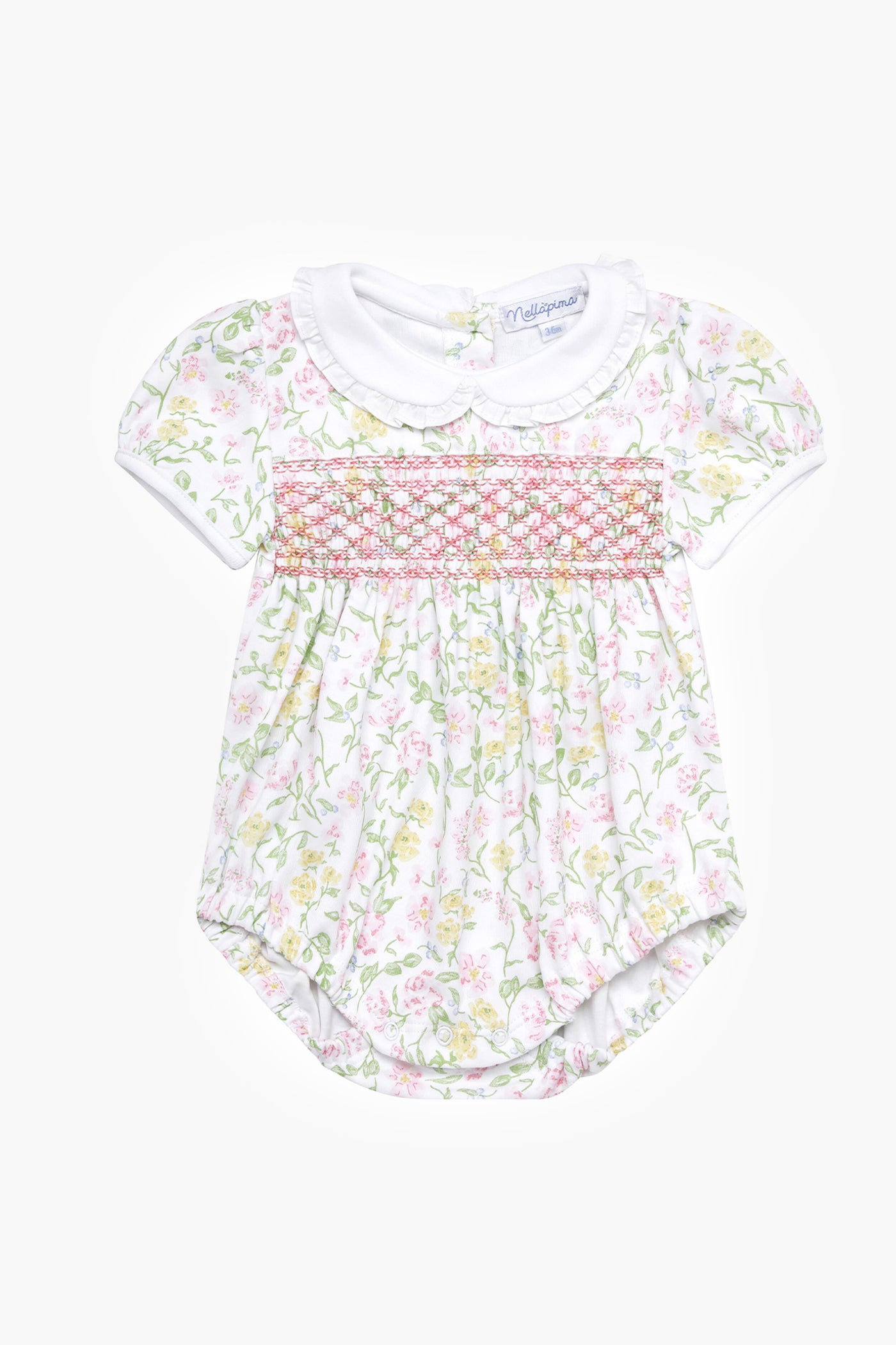 Nella Pima baby romper made from soft Peruvian Pima cotton, with short sleeves, white Peter Pan collar, floral print, and smocked chest—an adorable smocked bubble onesie.