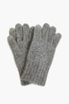 A pair of grey Amicale cashmere gloves with ribbed cuffs, arranged overlapping for a cozy, luxurious knitwear look.